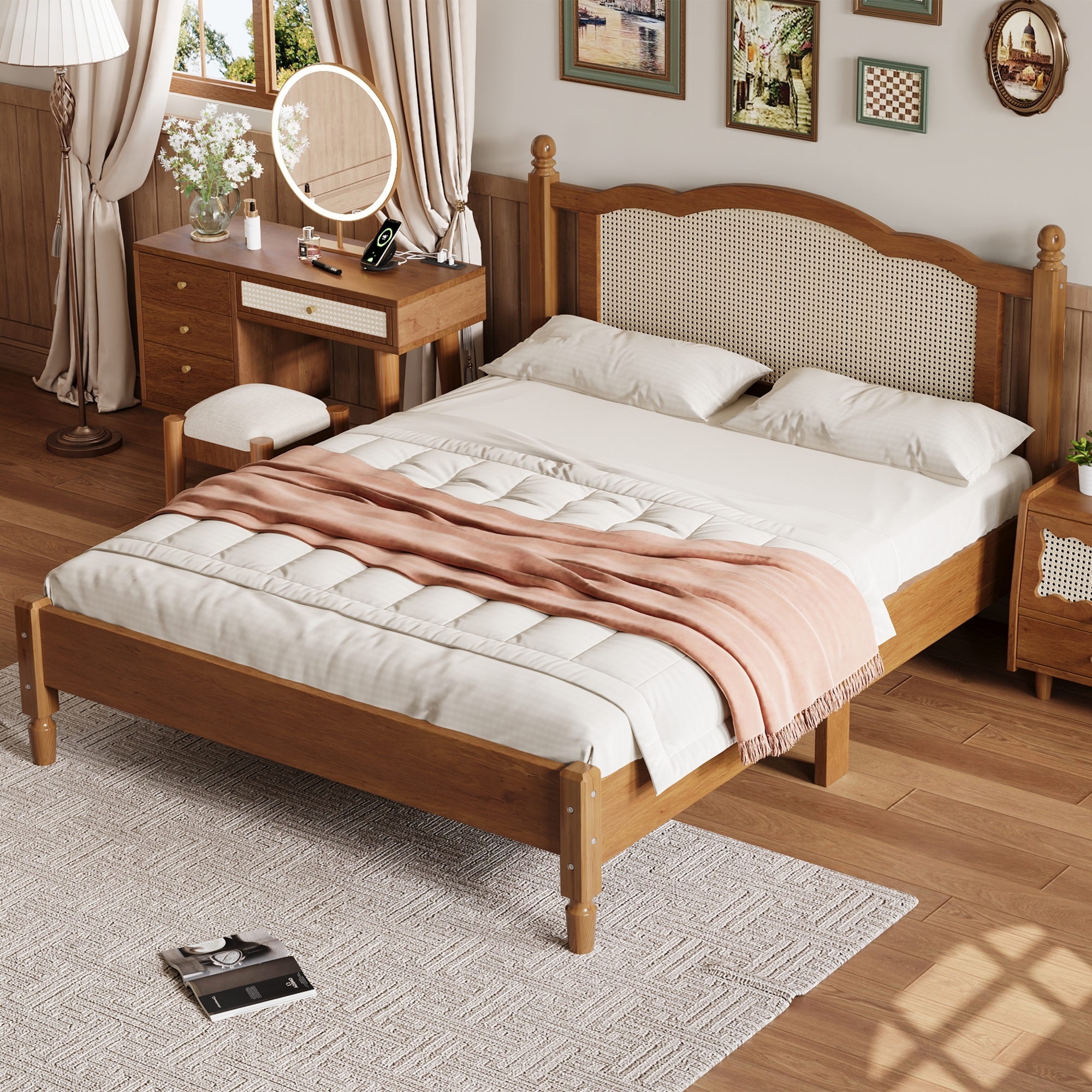 80"L x  62.8"W x 42.9"H Queen Size Wooden Platform Bed with Natural Rattan Headboard, Walnut