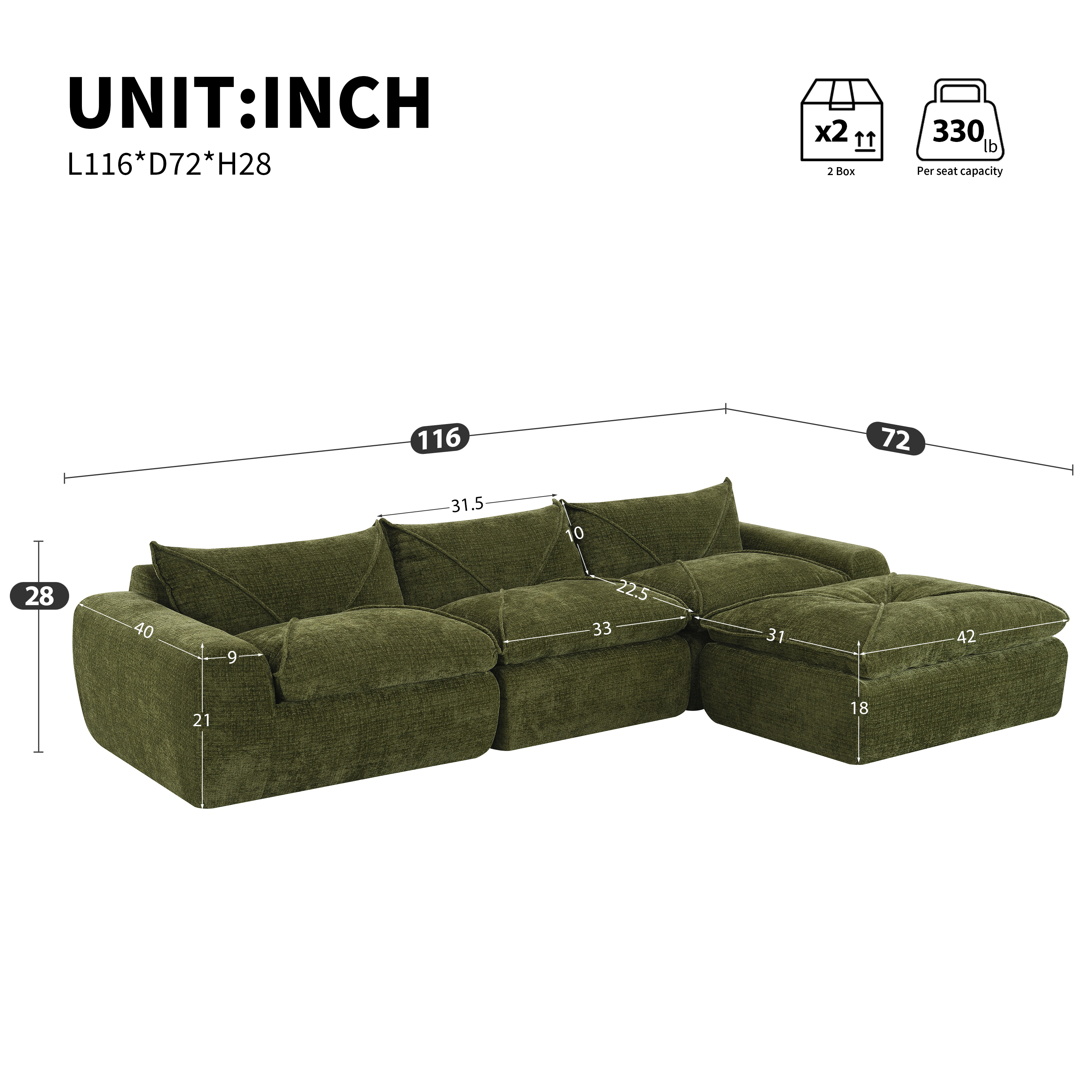 116'' Fully Compressed Sofa with High Density Foam, Integrated Backrest&Seat Cushion, Decorative Edging, Legless Design without Frame, Green
