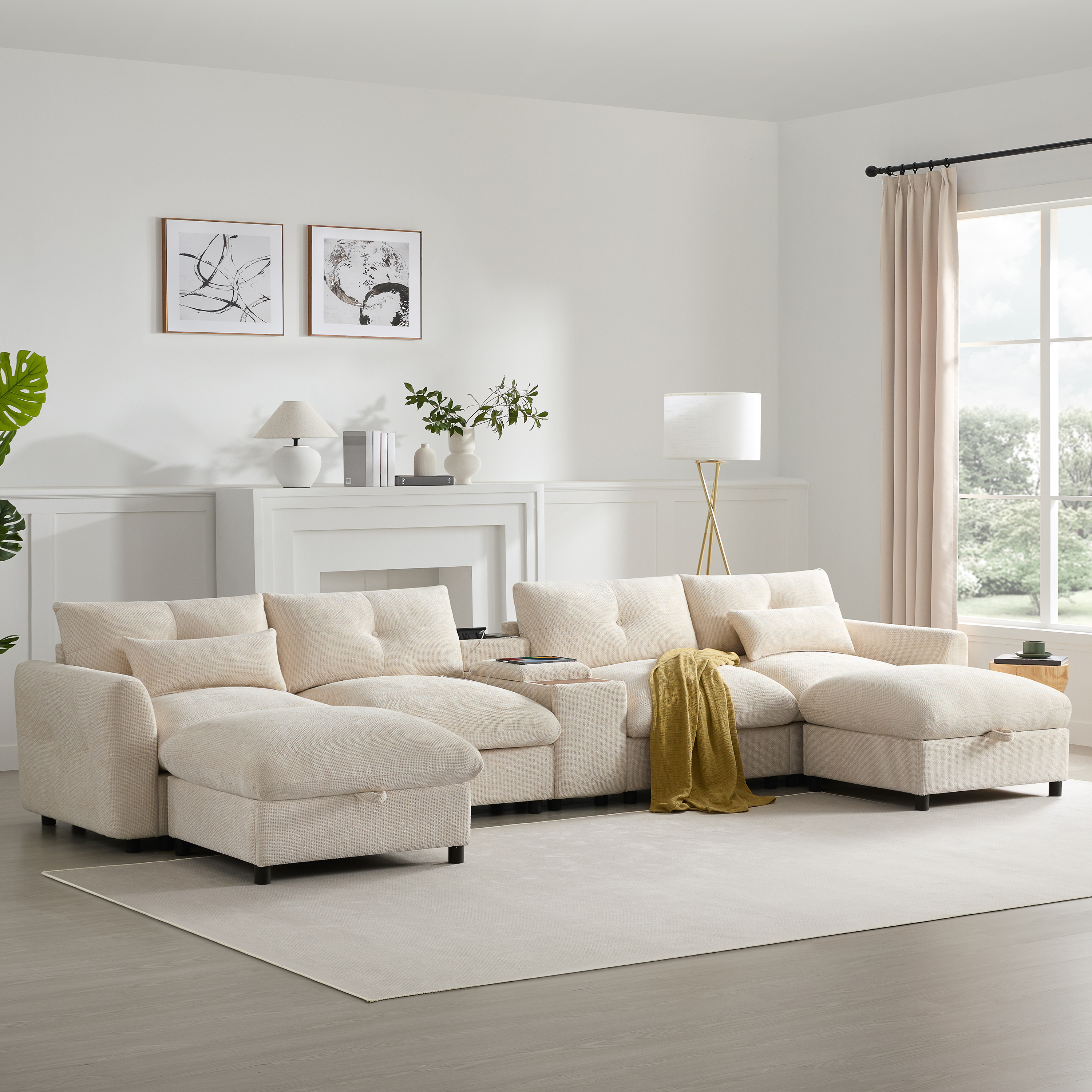 142'' Modular Sectional Sofa with Movable Storage Ottoman and Console,Cup Holder,Wide Seat,6 Seat U Shaped Couch,Oversized Chenille Sofa with USB Charger, White