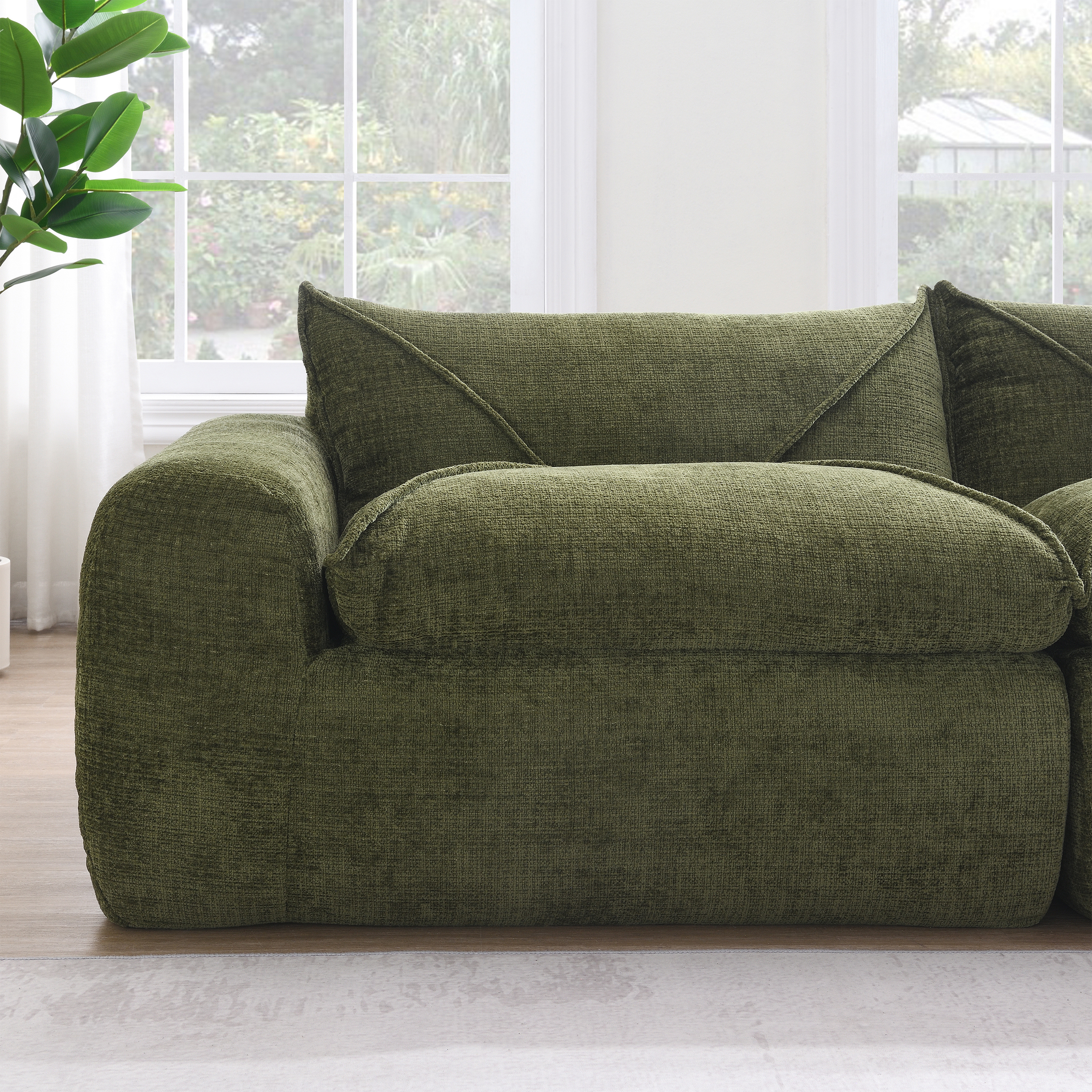 116'' Fully Compressed Sofa with High Density Foam, Integrated Backrest&Seat Cushion, Decorative Edging, Legless Design without Frame, Green