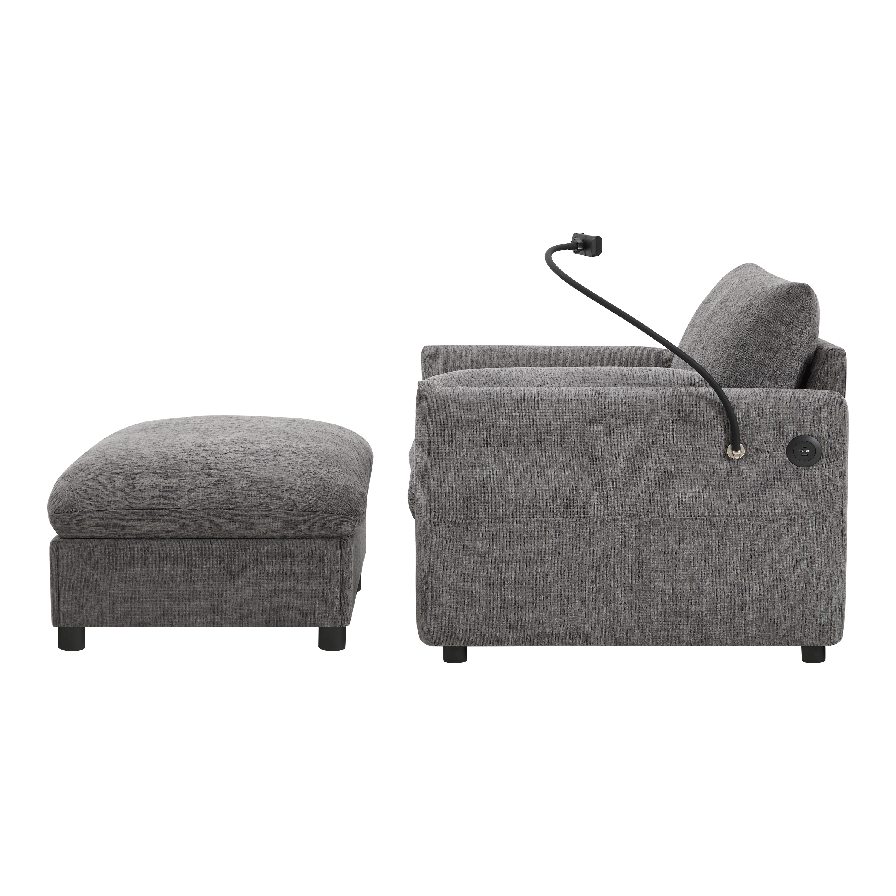 38" Single Sofa with Storage Ottoman, Adjustable Phone Holder, USB Charger, Side Storage Pockets, Pillow-Like Armrests, Wide Seat Chaise Lounge, Gray