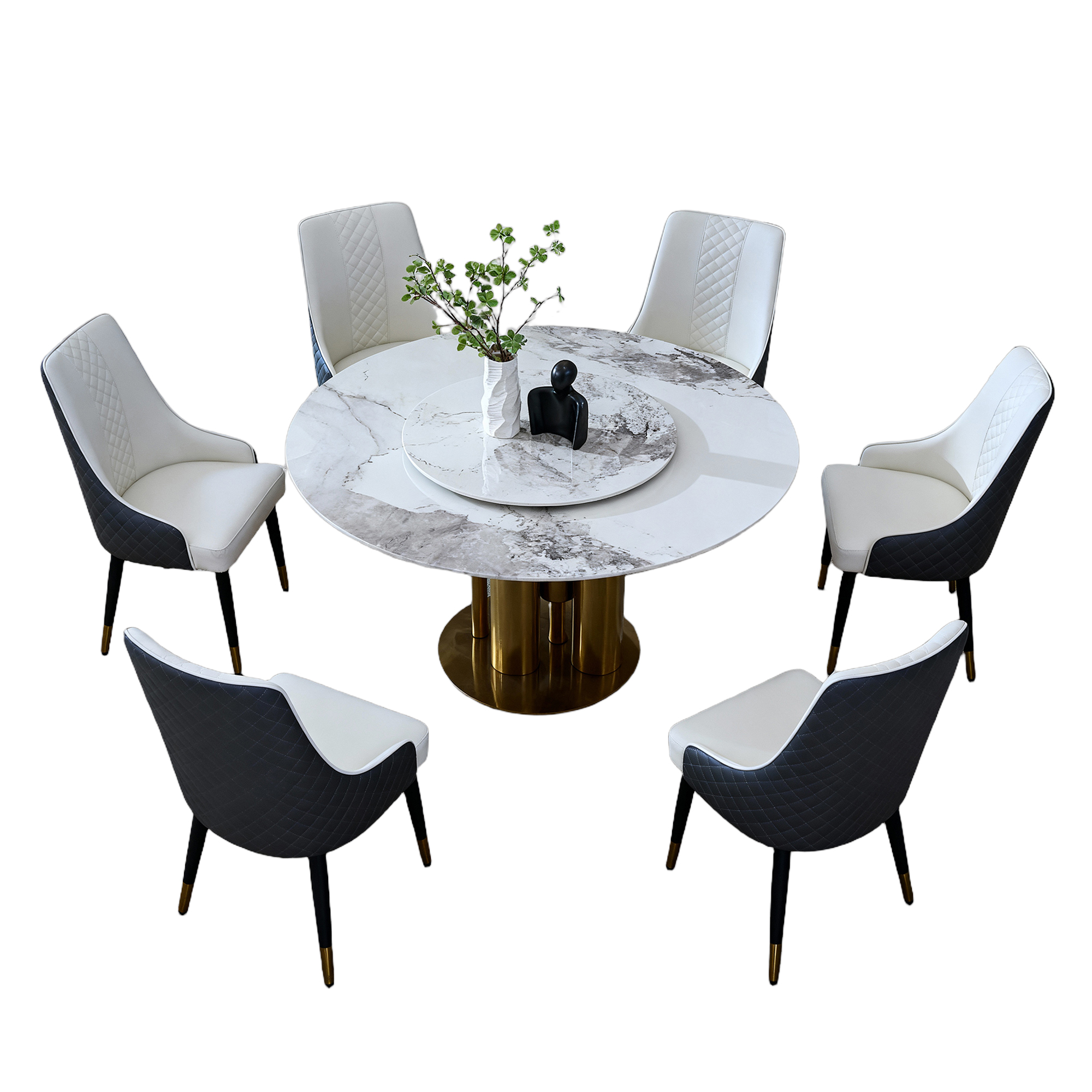 59" Round Dining Table with 360° Rotating Lazy Susan, Scratch-Resistant Sintered Stone Top, Modern Minimalist Design for Compact Kitchen & Dining Room (6 chairs)
