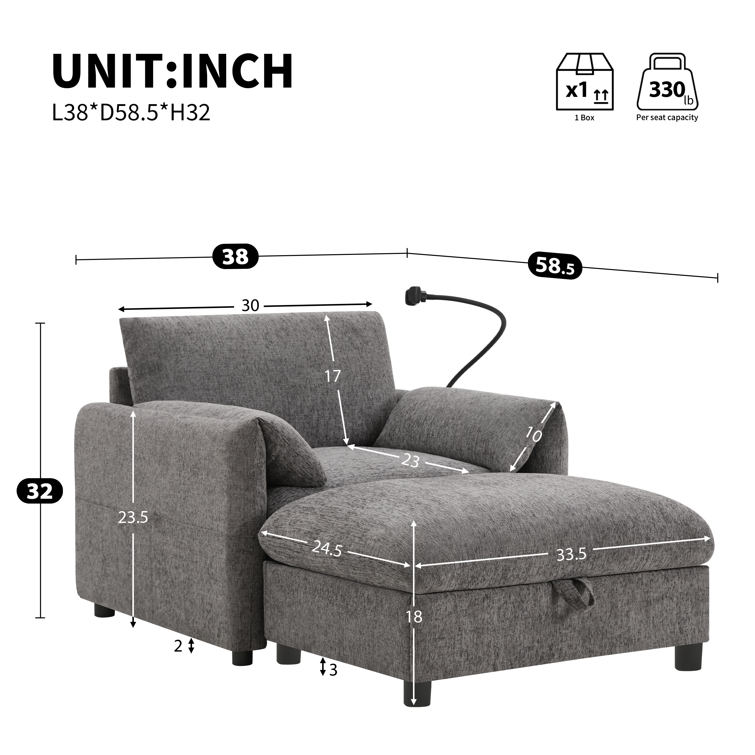 38" Single Sofa with Storage Ottoman, Adjustable Phone Holder, USB Charger, Side Storage Pockets, Pillow-Like Armrests, Wide Seat Chaise Lounge, Gray