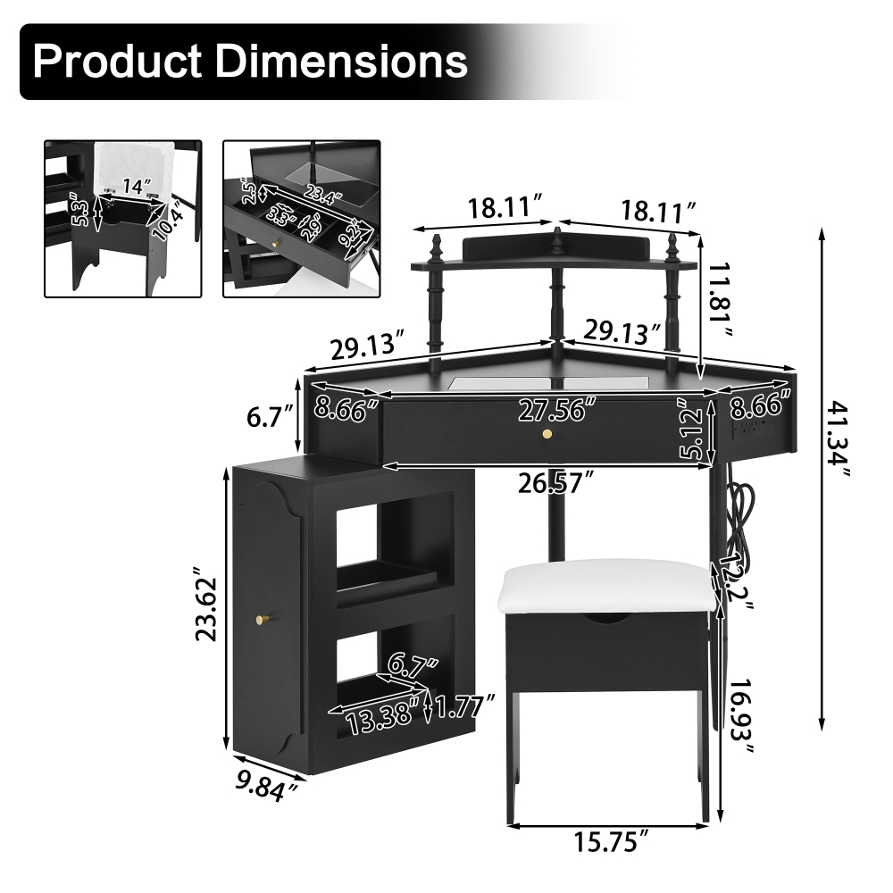 Corner Vanity Desk Set with Storage Cushioned Stool and Charging Station, Removable Pull-Out Side Cabinet, Drawer and Shelf, Black