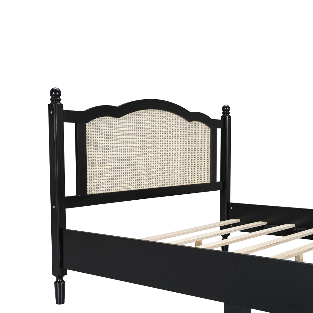 80"L x  62.8"W x 42.9"H Queen Size Wooden Platform Bed with Natural Rattan Headboard, Black