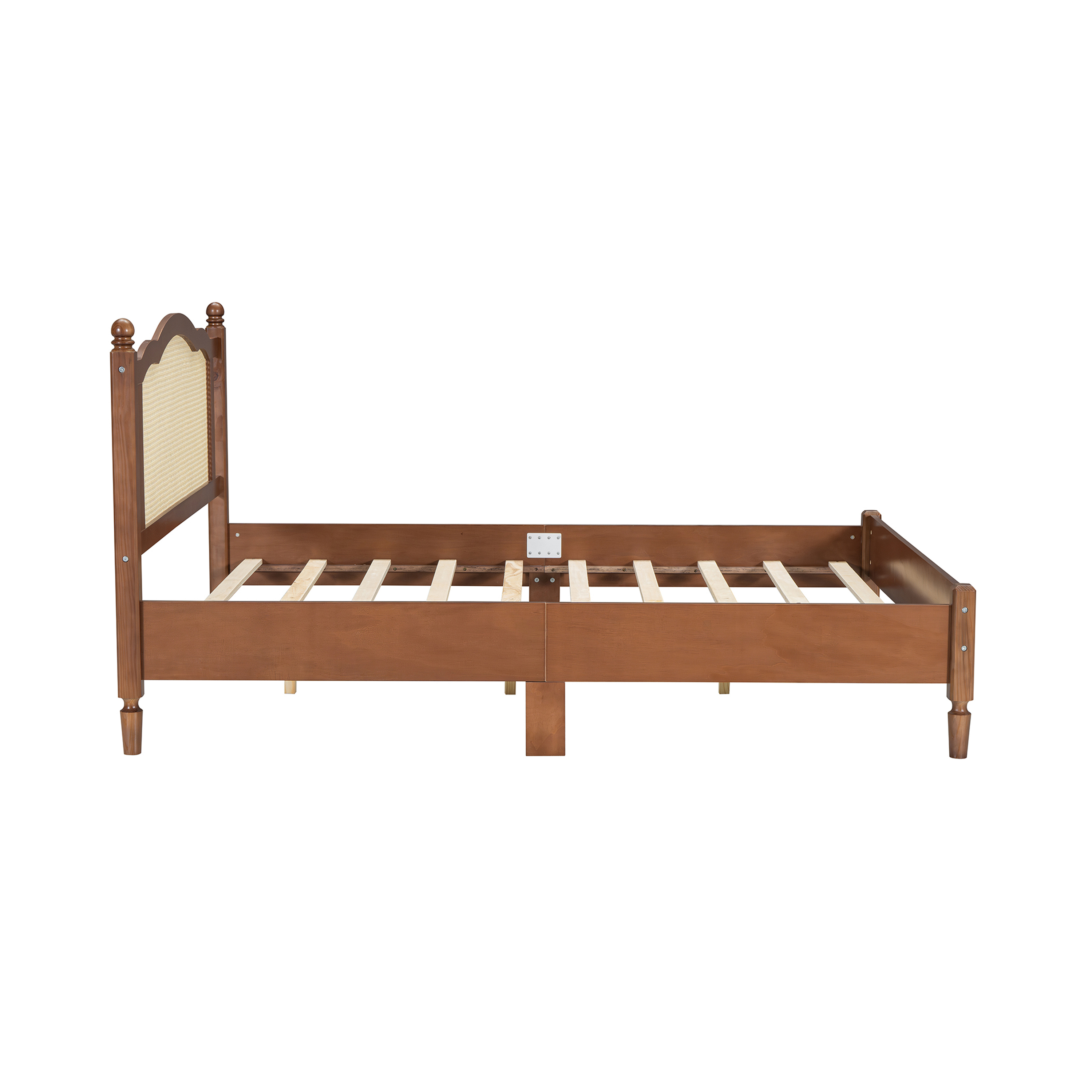 80"L x  62.8"W x 42.9"H Queen Size Wooden Platform Bed with Natural Rattan Headboard, Walnut