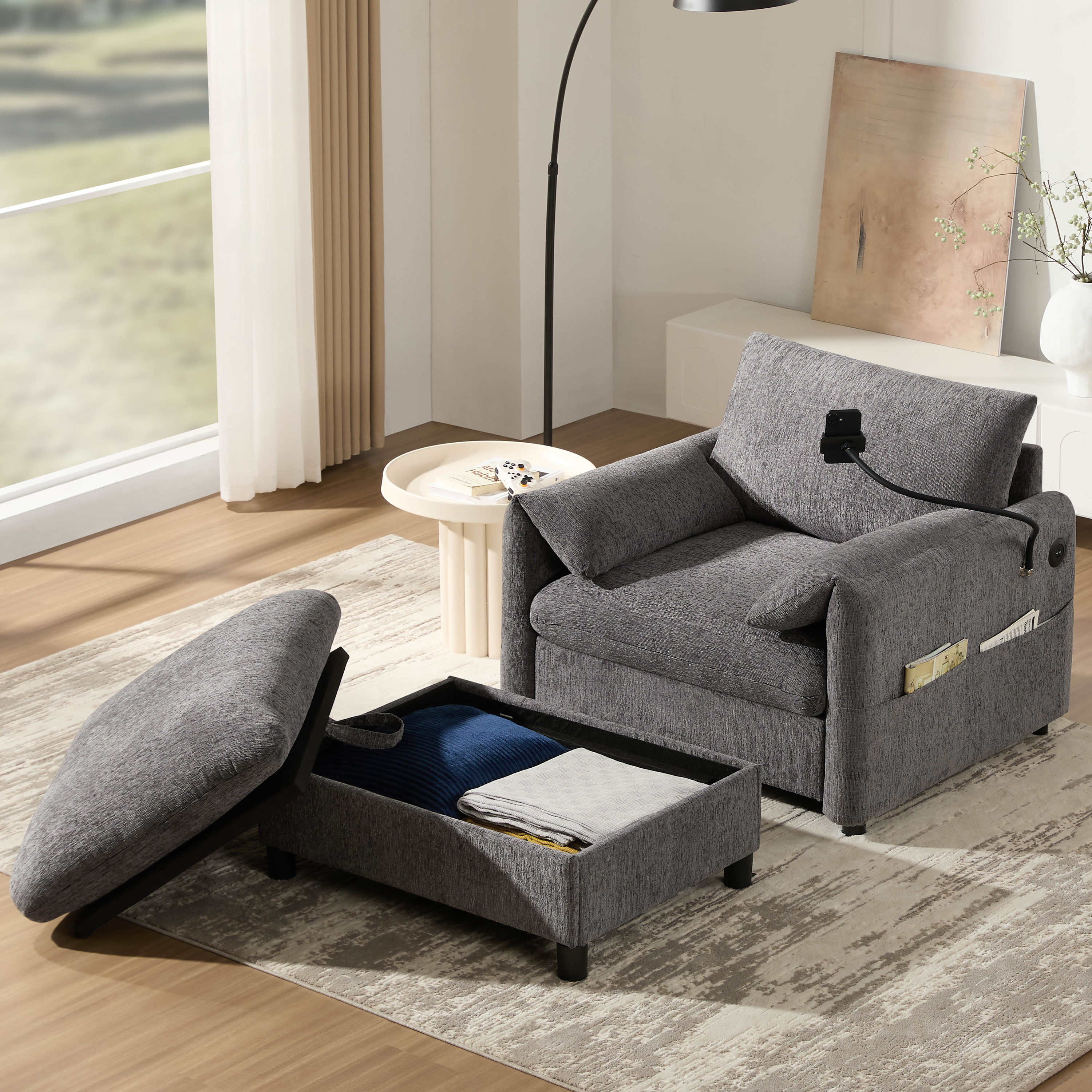 38" Single Sofa with Storage Ottoman, Adjustable Phone Holder, USB Charger, Side Storage Pockets, Pillow-Like Armrests, Wide Seat Chaise Lounge, Gray