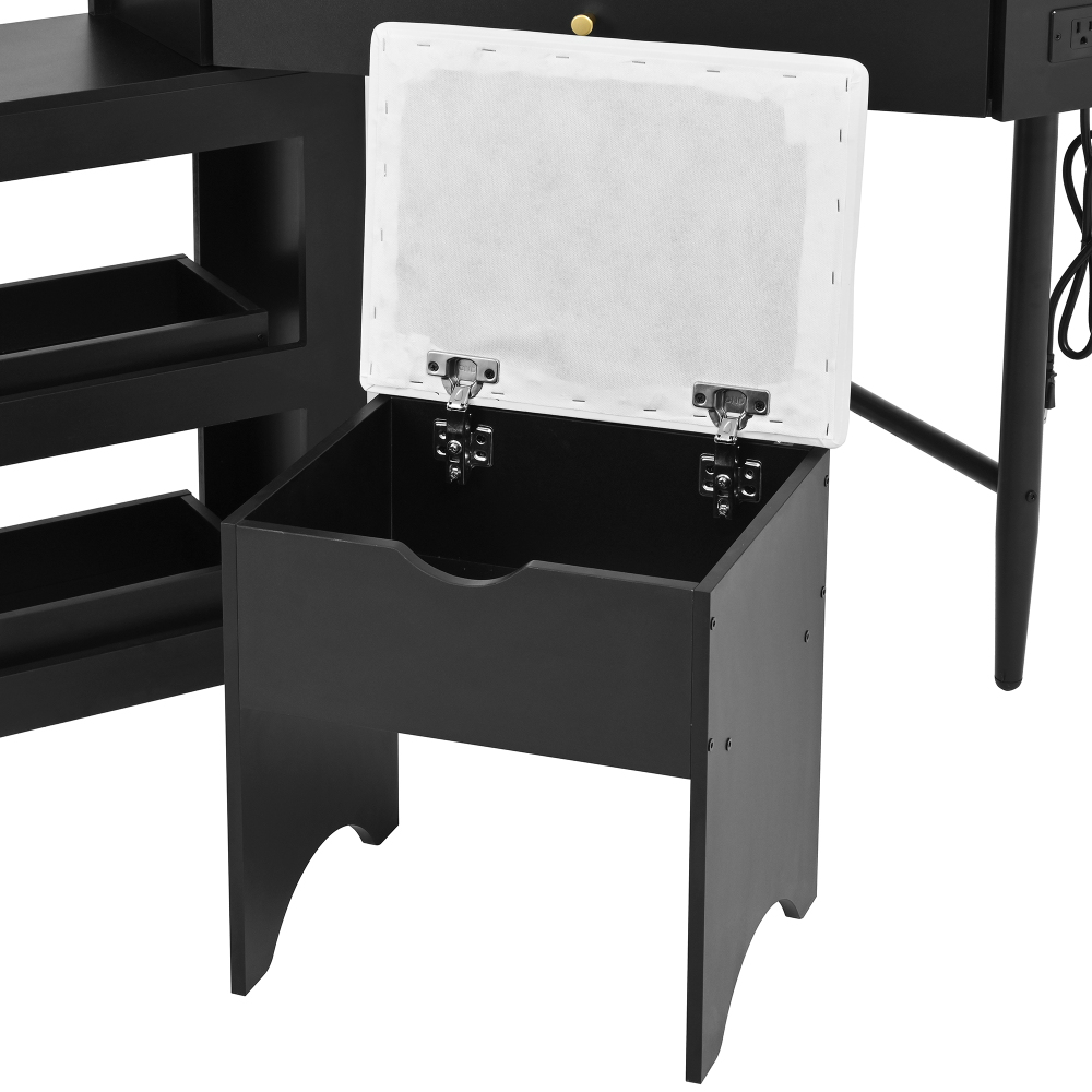Corner Vanity Desk Set with Storage Cushioned Stool and Charging Station, Removable Pull-Out Side Cabinet, Drawer and Shelf, Black