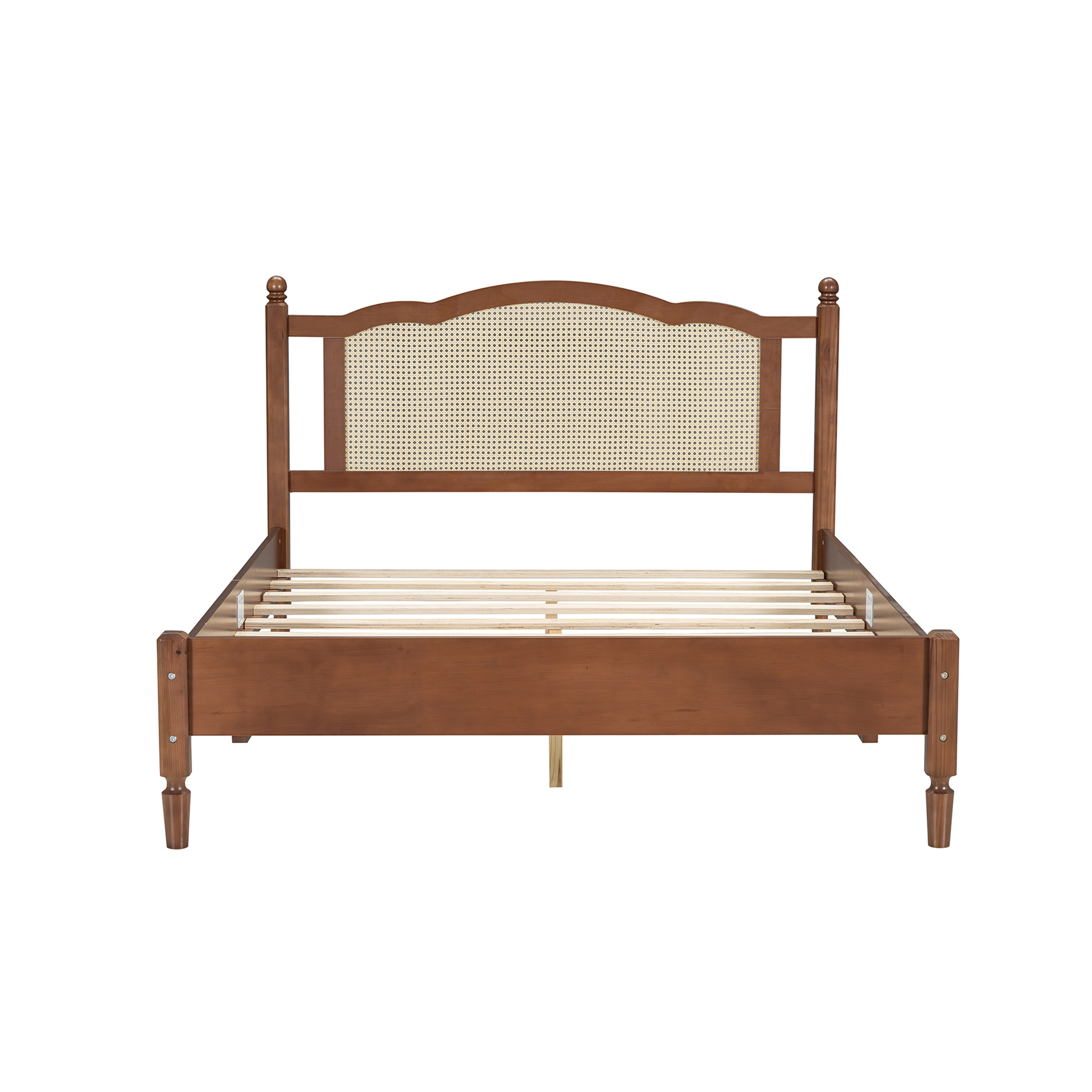 80"L x  62.8"W x 42.9"H Queen Size Wooden Platform Bed with Natural Rattan Headboard, Walnut