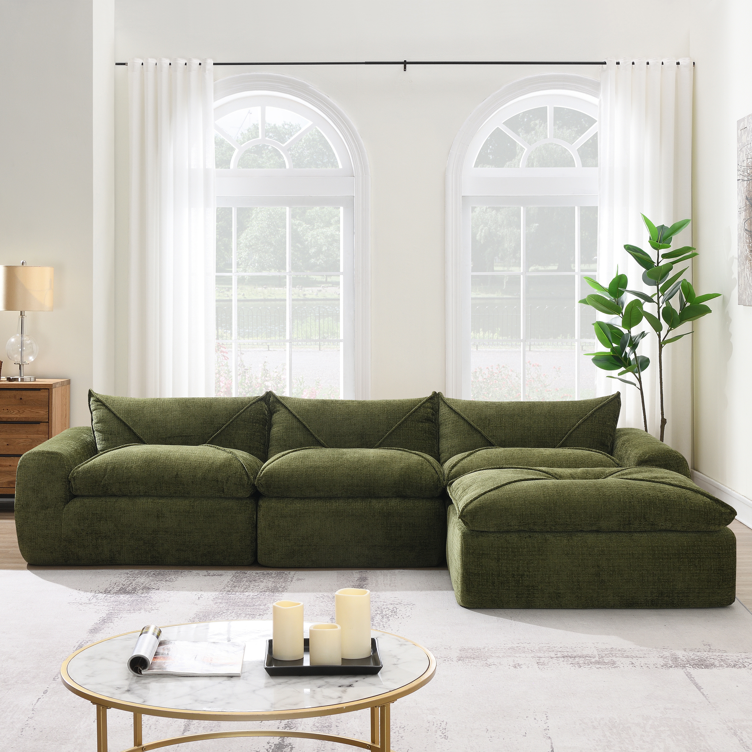 116'' Fully Compressed Sofa with High Density Foam, Integrated Backrest&Seat Cushion, Decorative Edging, Legless Design without Frame, Green