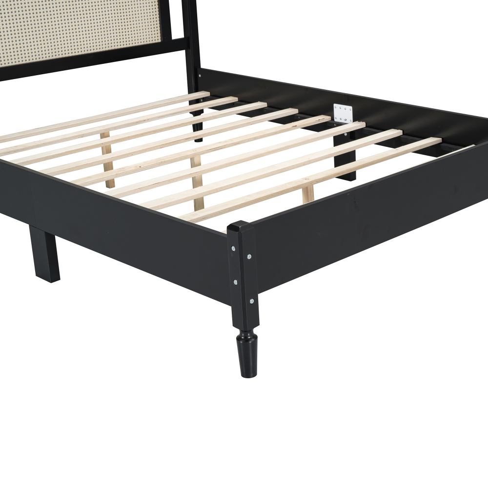 80"L x  62.8"W x 42.9"H Queen Size Wooden Platform Bed with Natural Rattan Headboard, Black