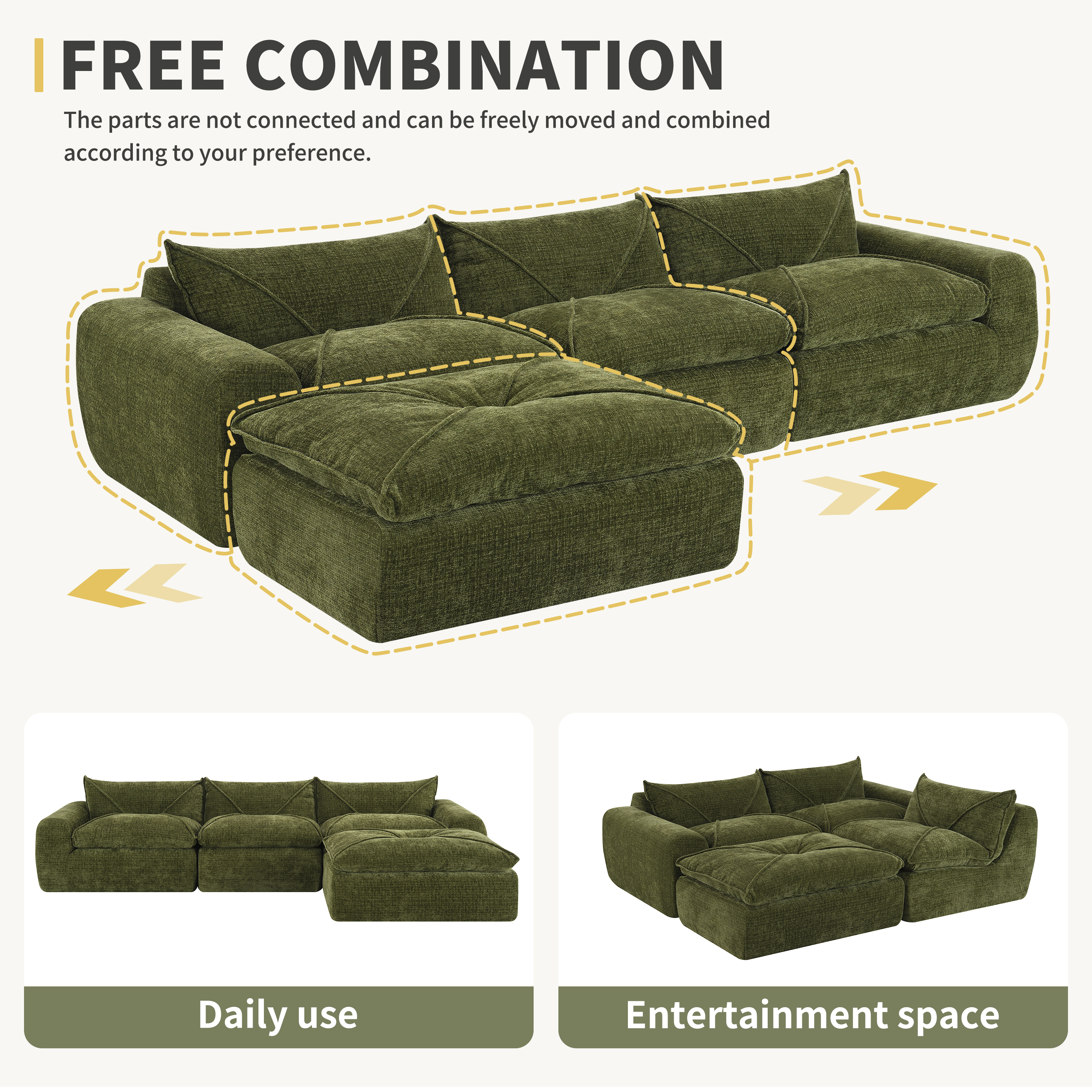 116'' Fully Compressed Sofa with High Density Foam, Integrated Backrest&Seat Cushion, Decorative Edging, Legless Design without Frame, Green