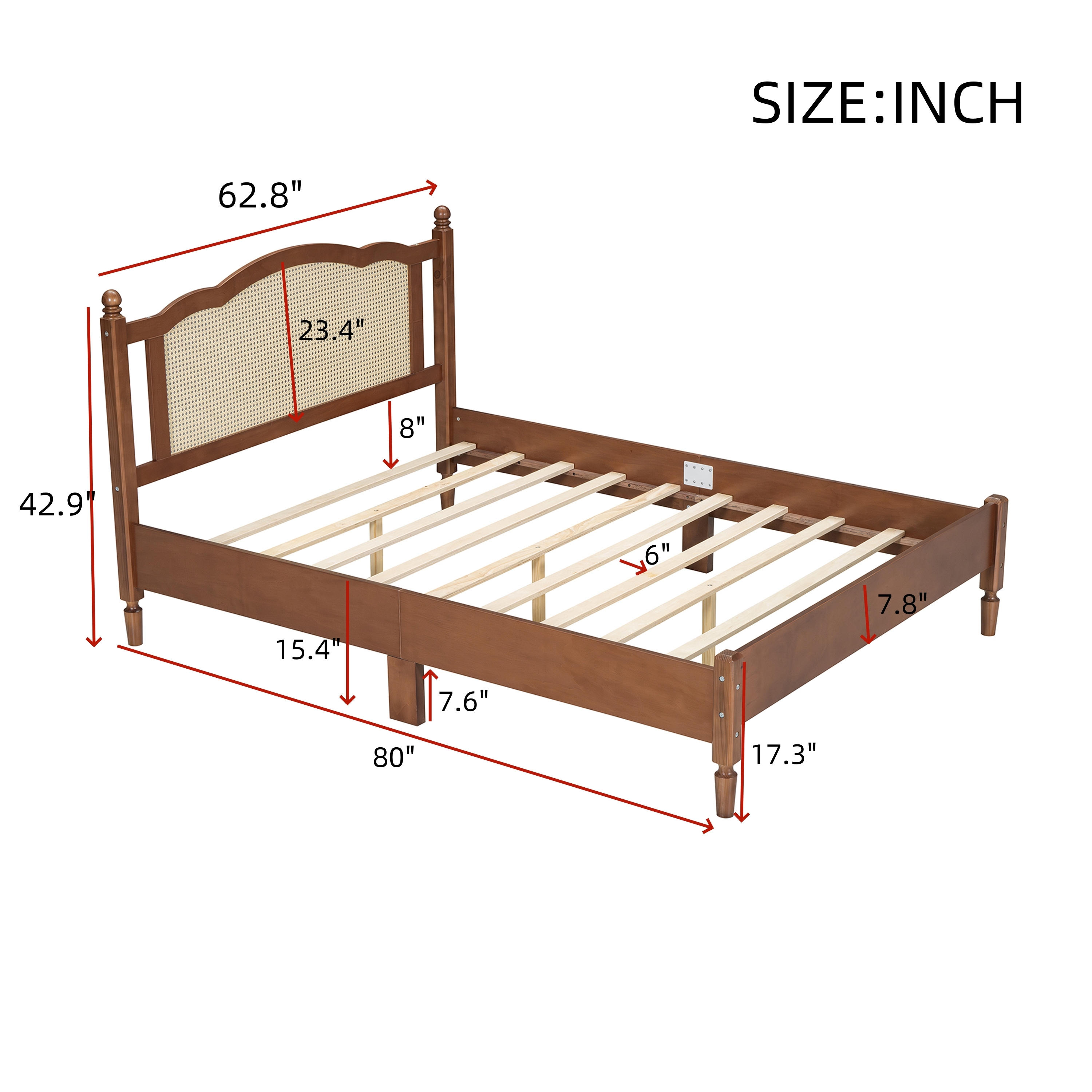 80"L x  62.8"W x 42.9"H Queen Size Wooden Platform Bed with Natural Rattan Headboard, Walnut
