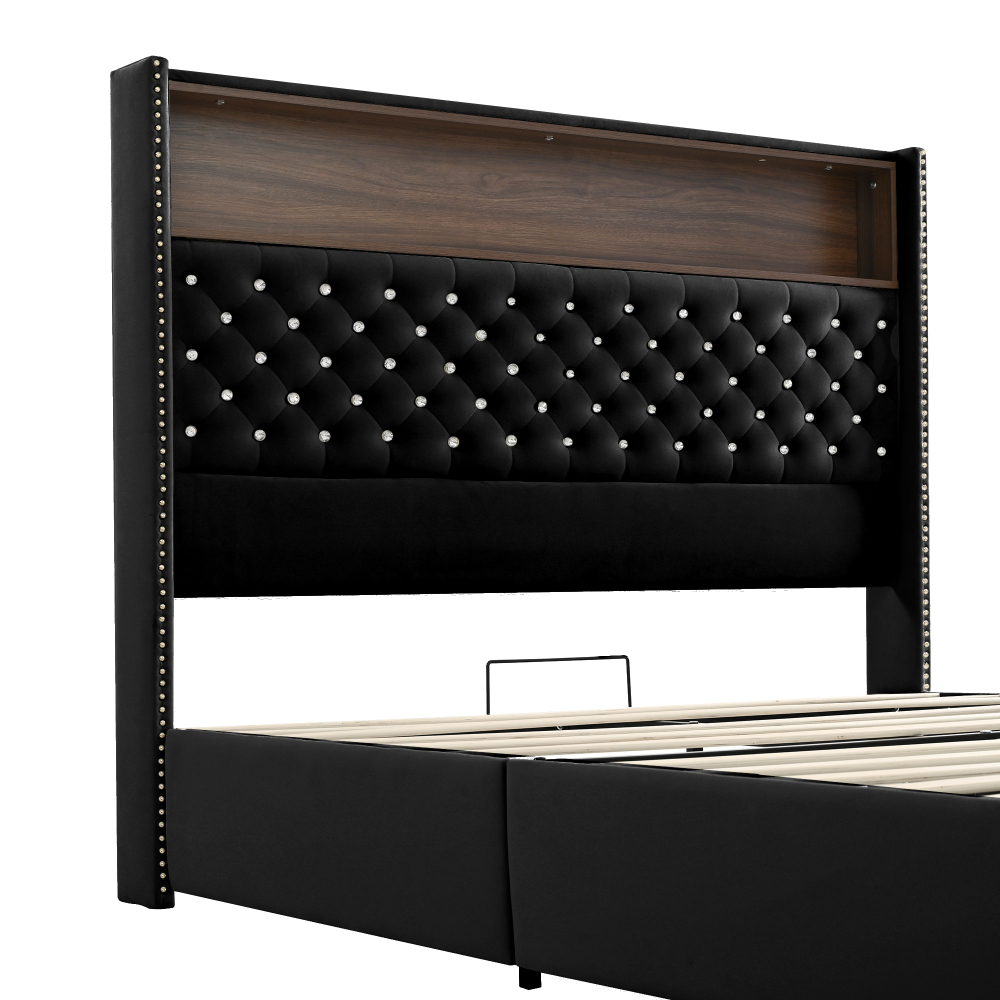 84.6"L x 63.7"W x 51.9"H Queen Size Velvet Tufted Soft Bed Frame, 52"High Headboard, USB Port and Night Light, Shelf, Black
