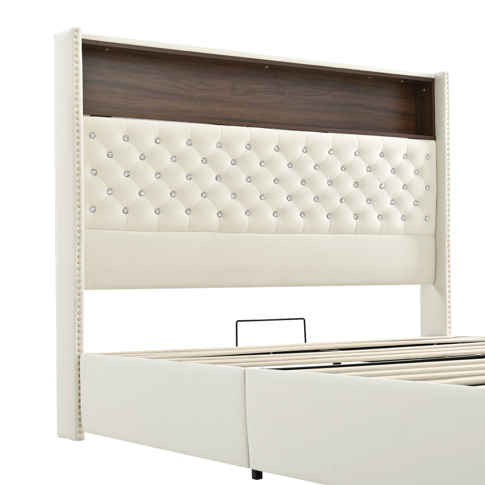 84.6"L x 63.7"W x 51.9"H Queen Size Velvet Tufted Soft Bed Frame, 52"High Headboard, USB Port and Night Light, Shelf, Beige