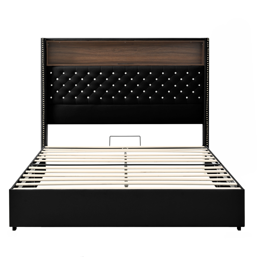 84.6"L x 63.7"W x 51.9"H Queen Size Velvet Tufted Soft Bed Frame, 52"High Headboard, USB Port and Night Light, Shelf, Black