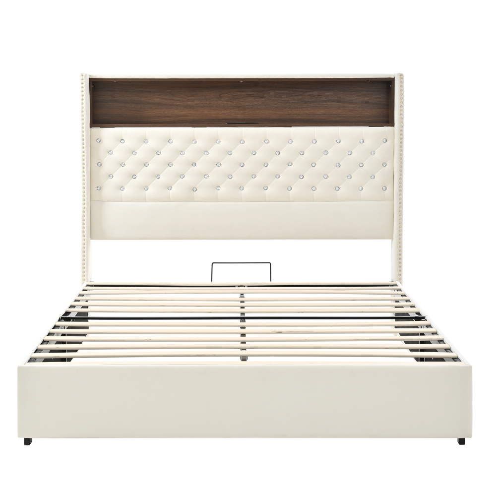 84.6"L x 63.7"W x 51.9"H Queen Size Velvet Tufted Soft Bed Frame, 52"High Headboard, USB Port and Night Light, Shelf, Beige