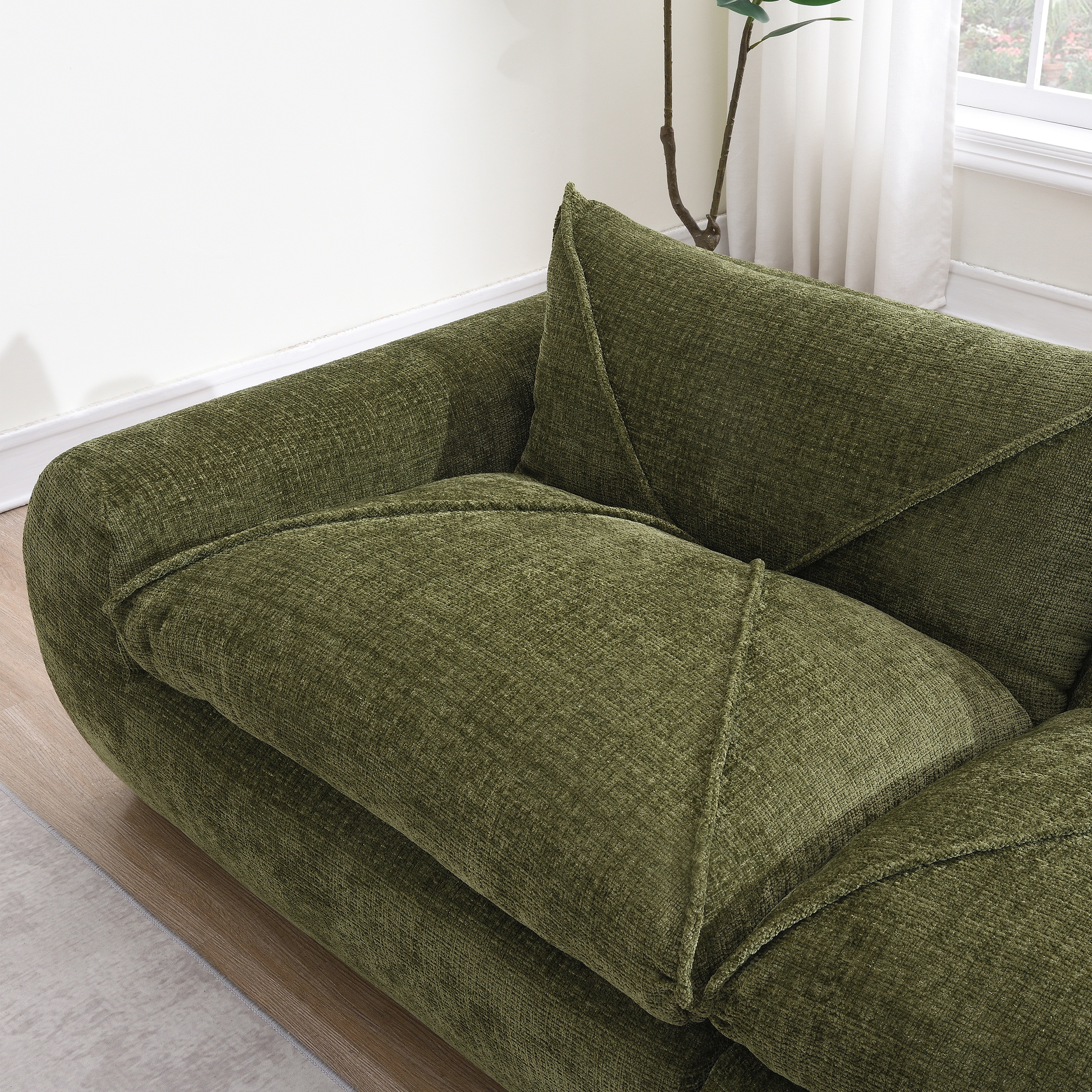 116'' Fully Compressed Sofa with High Density Foam, Integrated Backrest&Seat Cushion, Decorative Edging, Legless Design without Frame, Green