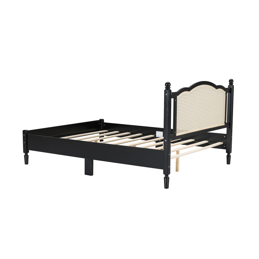 80"L x  62.8"W x 42.9"H Queen Size Wooden Platform Bed with Natural Rattan Headboard, Black