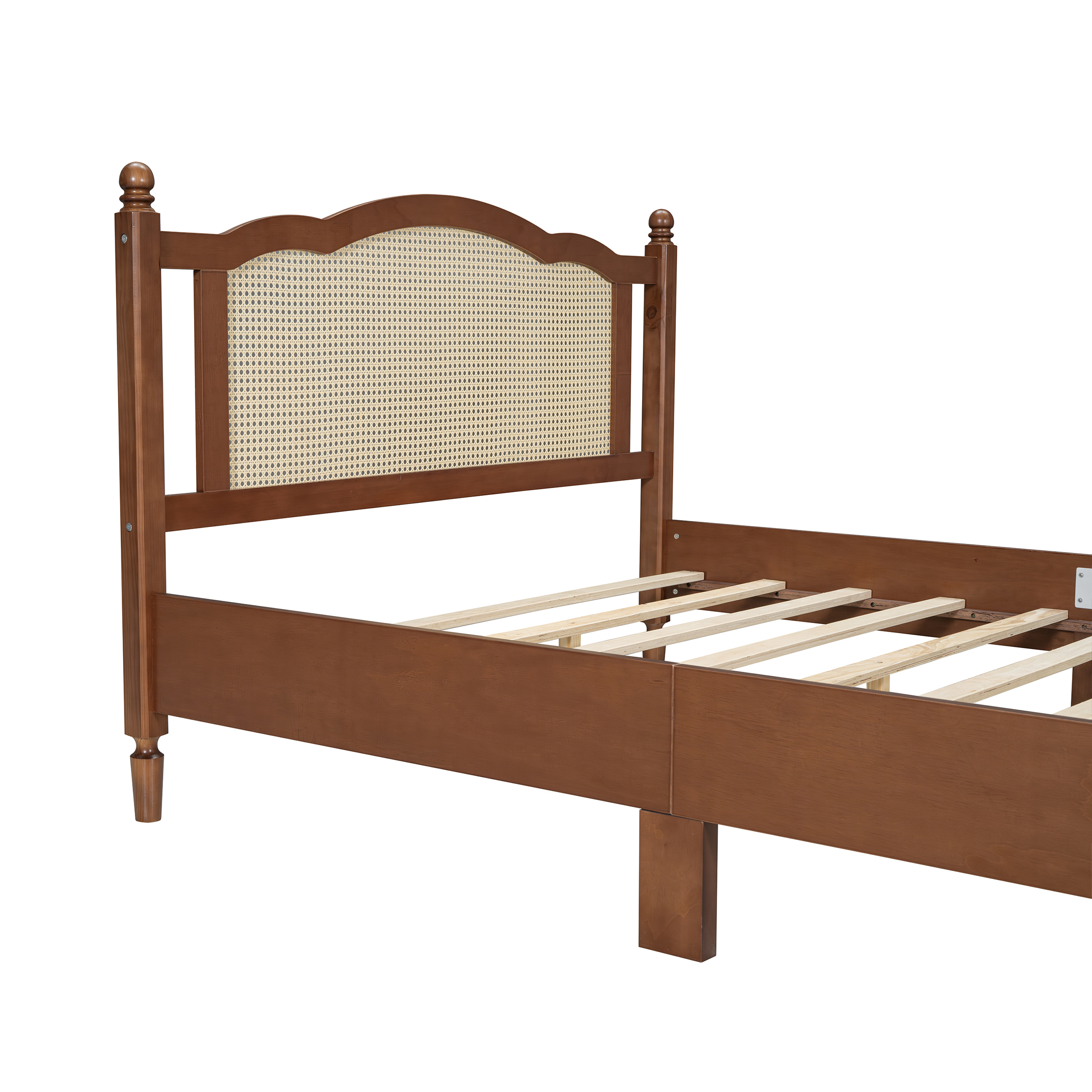 80"L x  62.8"W x 42.9"H Queen Size Wooden Platform Bed with Natural Rattan Headboard, Walnut