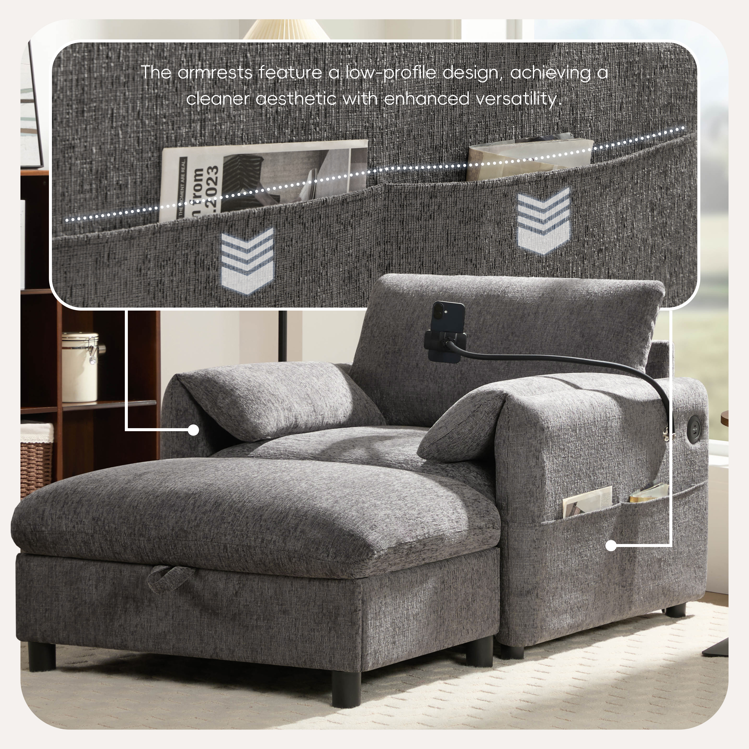 38" Single Sofa with Storage Ottoman, Adjustable Phone Holder, USB Charger, Side Storage Pockets, Pillow-Like Armrests, Wide Seat Chaise Lounge, Gray