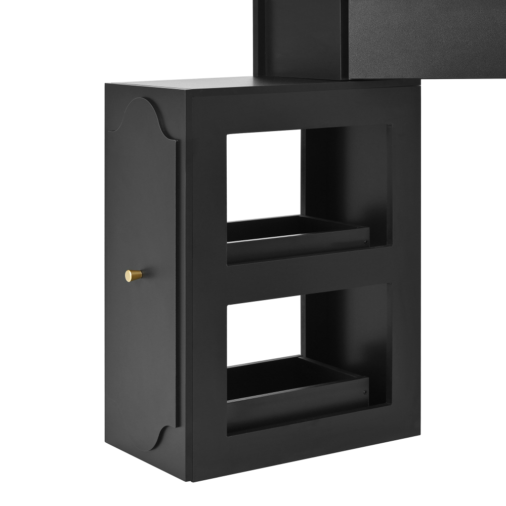 Corner Vanity Desk Set with Storage Cushioned Stool and Charging Station, Removable Pull-Out Side Cabinet, Drawer and Shelf, Black