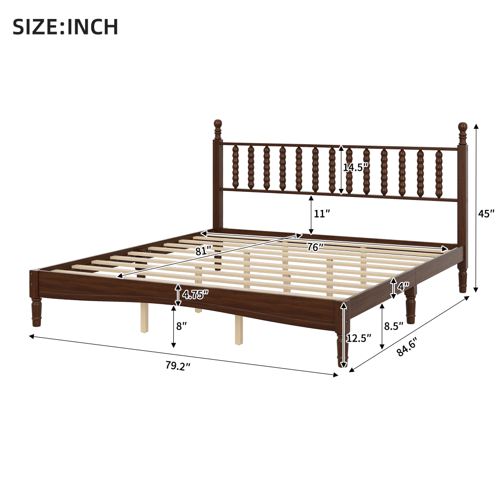 84.6"L x 79.2"W x 45"H King Size Wood Platform Bed with Gourd Shaped Headboard, Walnut