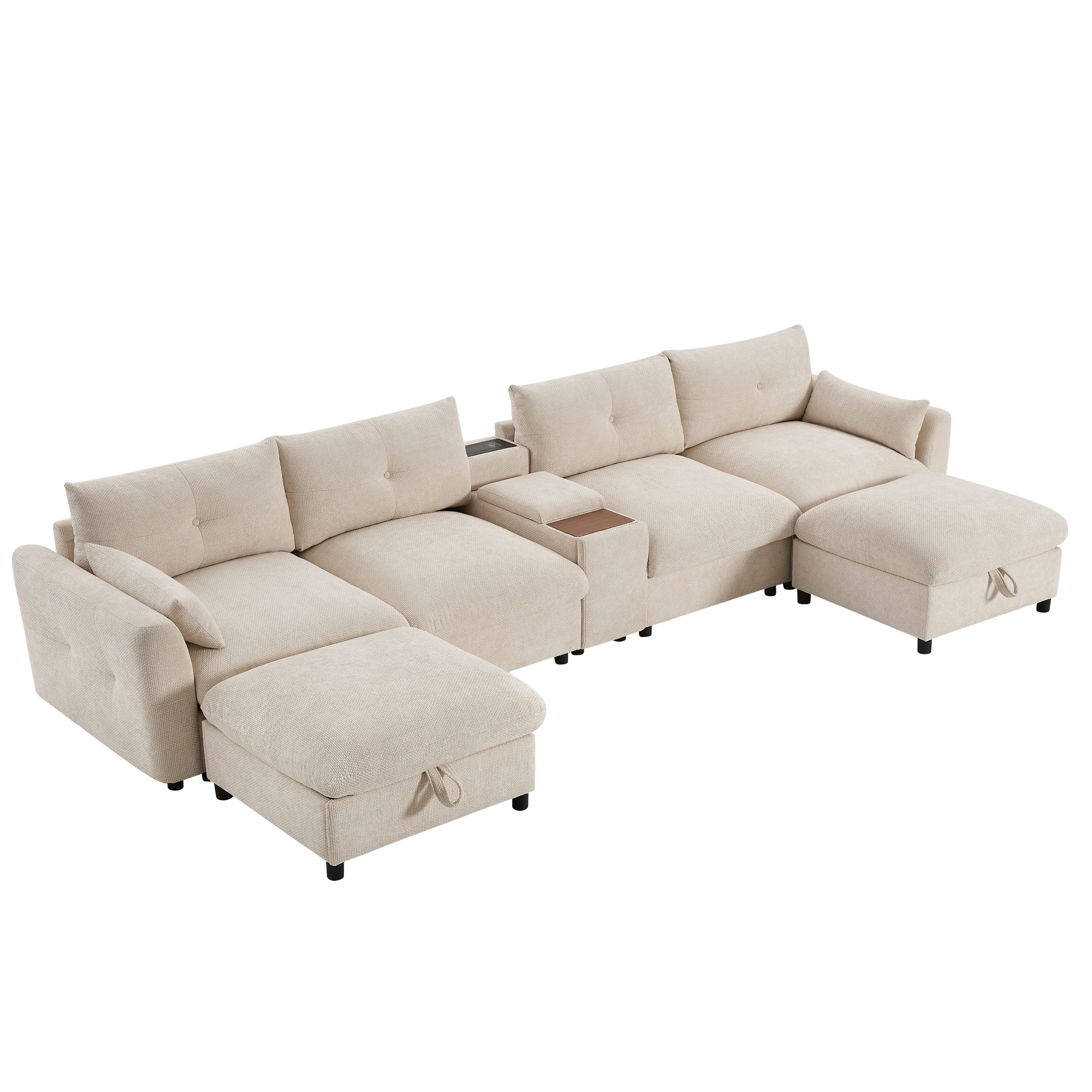 142'' Modular Sectional Sofa with Movable Storage Ottoman and Console,Cup Holder,Wide Seat,6 Seat U Shaped Couch,Oversized Chenille Sofa with USB Charger, White