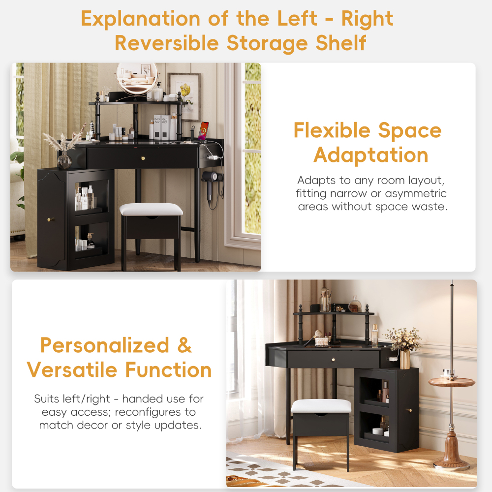 Corner Vanity Desk Set with Storage Cushioned Stool and Charging Station, Removable Pull-Out Side Cabinet, Drawer and Shelf, Black