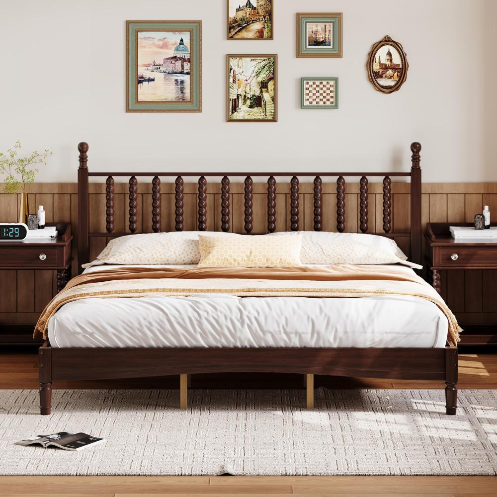 84.6"L x 79.2"W x 45"H King Size Wood Platform Bed with Gourd Shaped Headboard, Walnut