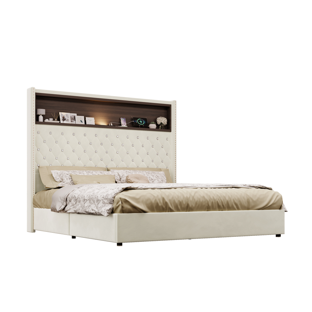 84.6"L x 63.7"W x 51.9"H Queen Size Velvet Tufted Soft Bed Frame, 52"High Headboard, USB Port and Night Light, Shelf, Beige