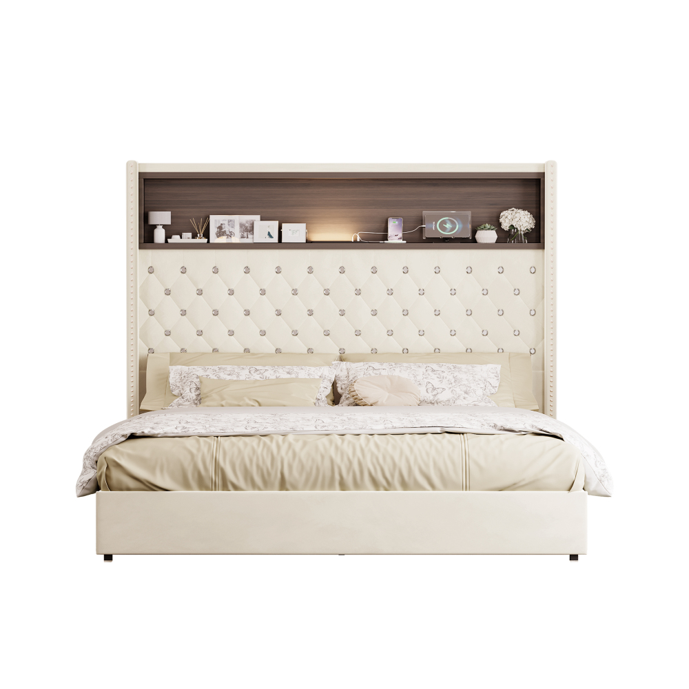 84.6"L x 63.7"W x 51.9"H Queen Size Velvet Tufted Soft Bed Frame, 52"High Headboard, USB Port and Night Light, Shelf, Beige