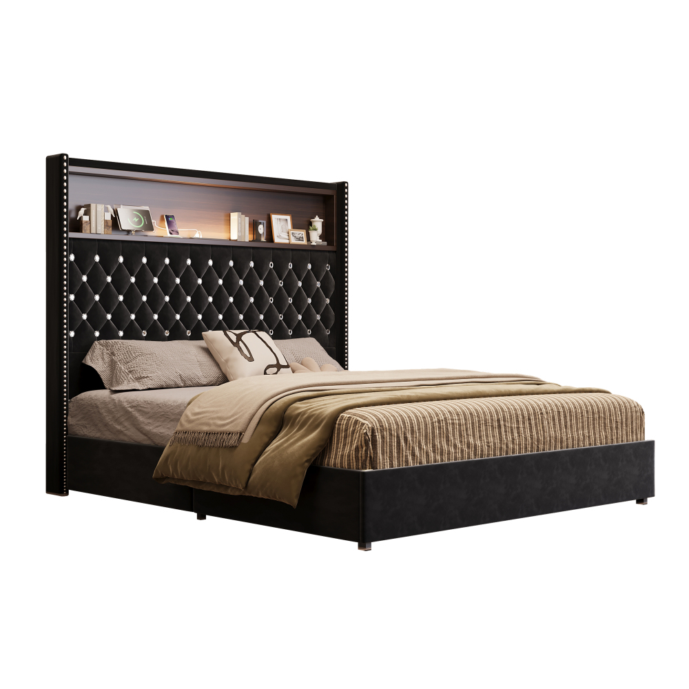 84.6"L x 63.7"W x 51.9"H Queen Size Velvet Tufted Soft Bed Frame, 52"High Headboard, USB Port and Night Light, Shelf, Black