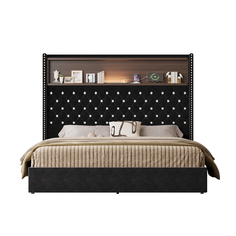 84.6"L x 63.7"W x 51.9"H Queen Size Velvet Tufted Soft Bed Frame, 52"High Headboard, USB Port and Night Light, Shelf, Black