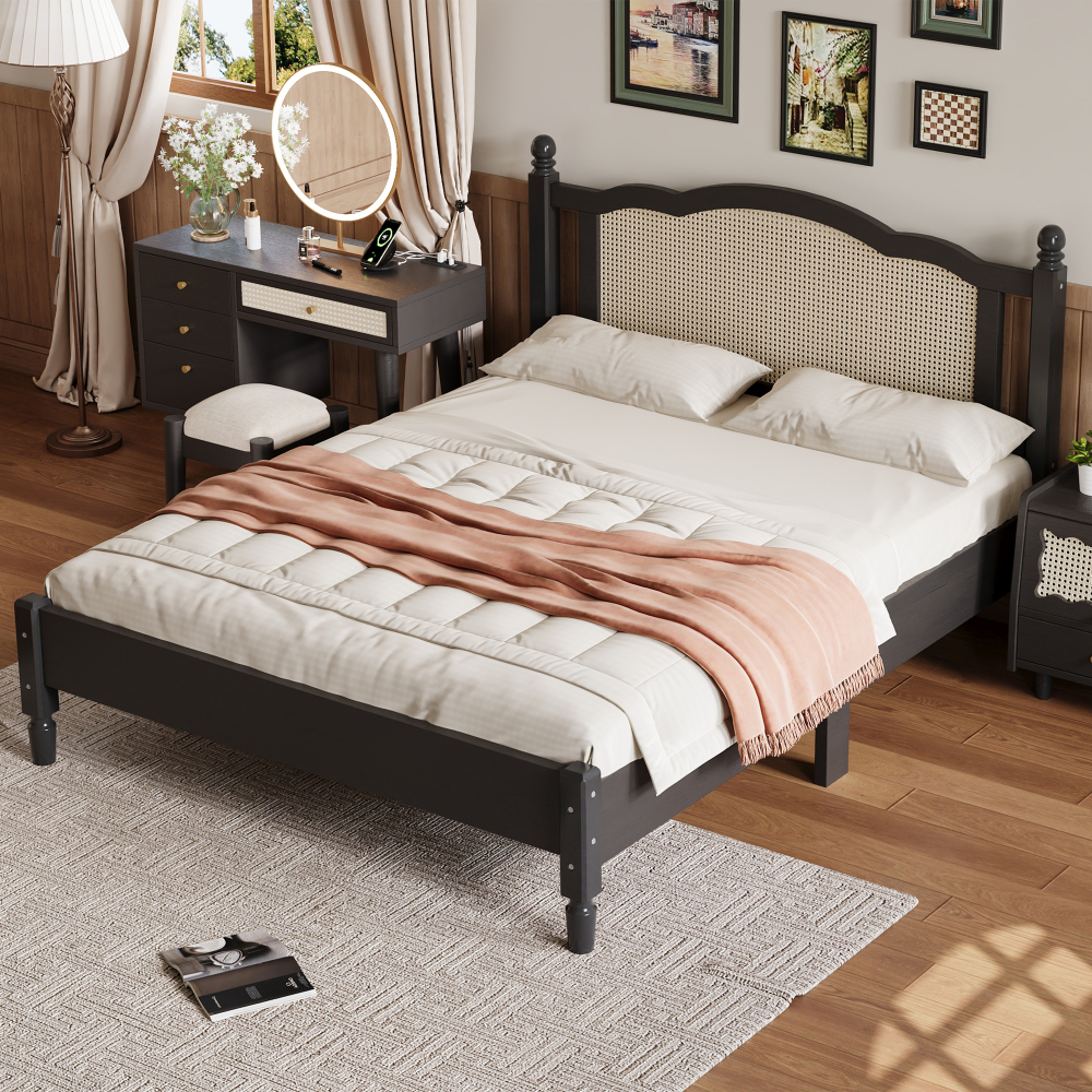 80"L x  62.8"W x 42.9"H Queen Size Wooden Platform Bed with Natural Rattan Headboard, Black