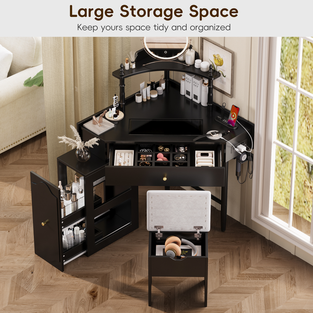 Corner Vanity Desk Set with Storage Cushioned Stool and Charging Station, Removable Pull-Out Side Cabinet, Drawer and Shelf, Black