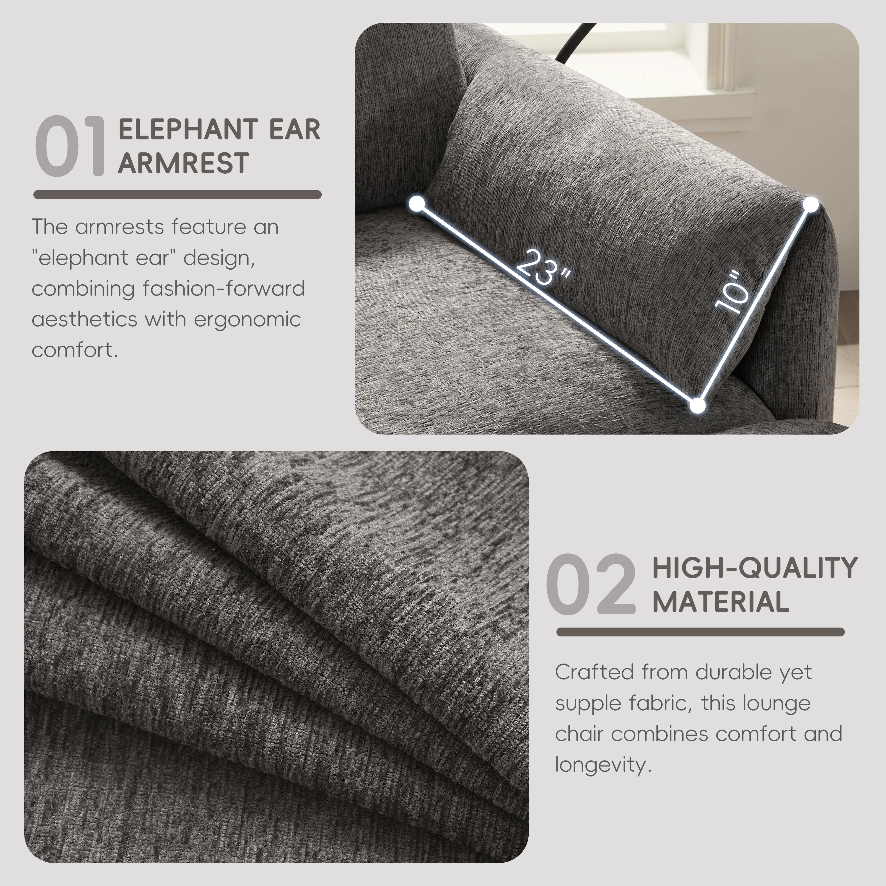 38" Single Sofa with Storage Ottoman, Adjustable Phone Holder, USB Charger, Side Storage Pockets, Pillow-Like Armrests, Wide Seat Chaise Lounge, Gray