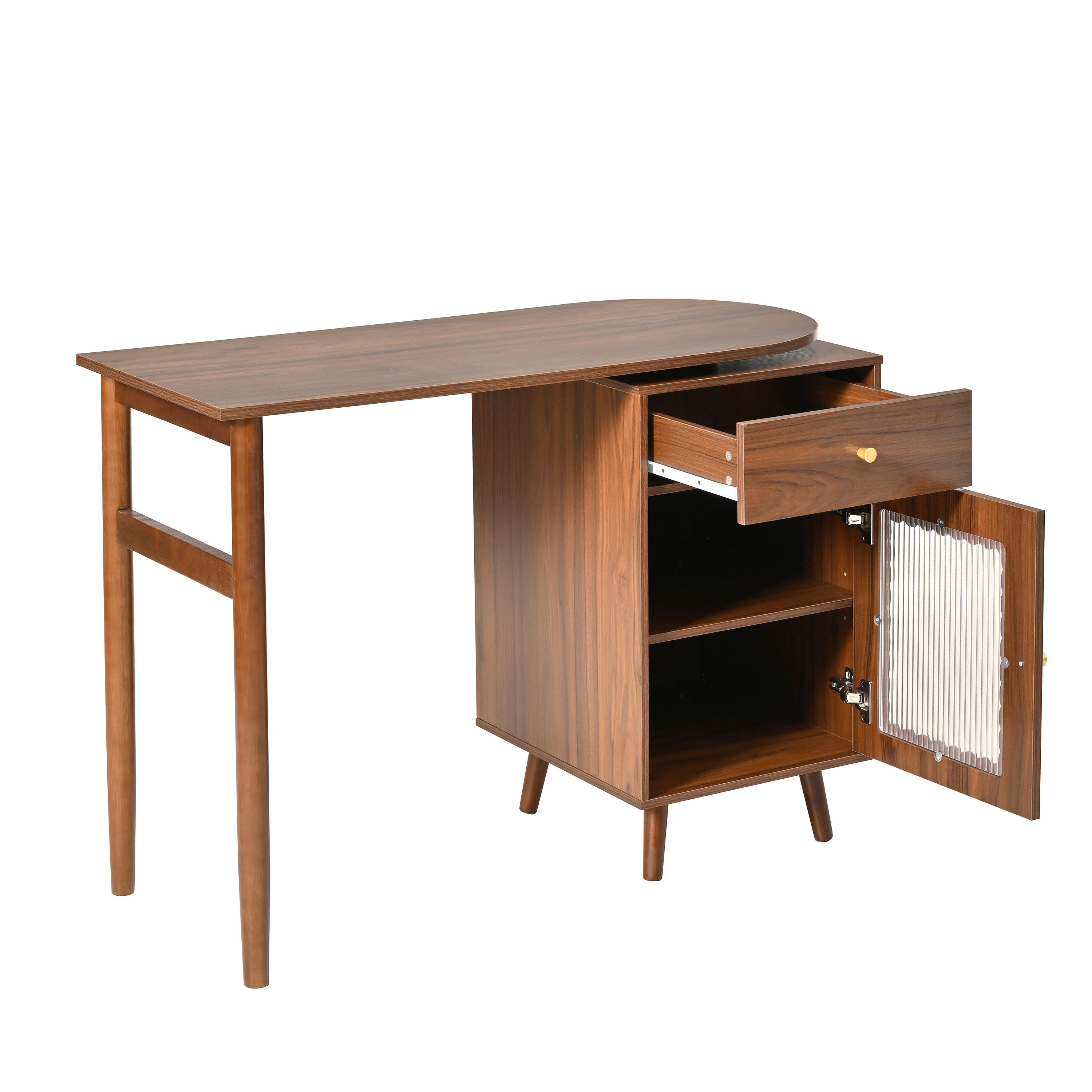 43.1"L x 21.6"W x 70.1"H Office Desk with 90 Degree Rotating Computer Desktop, Drawer and Cabinets, Shelves, Walnut