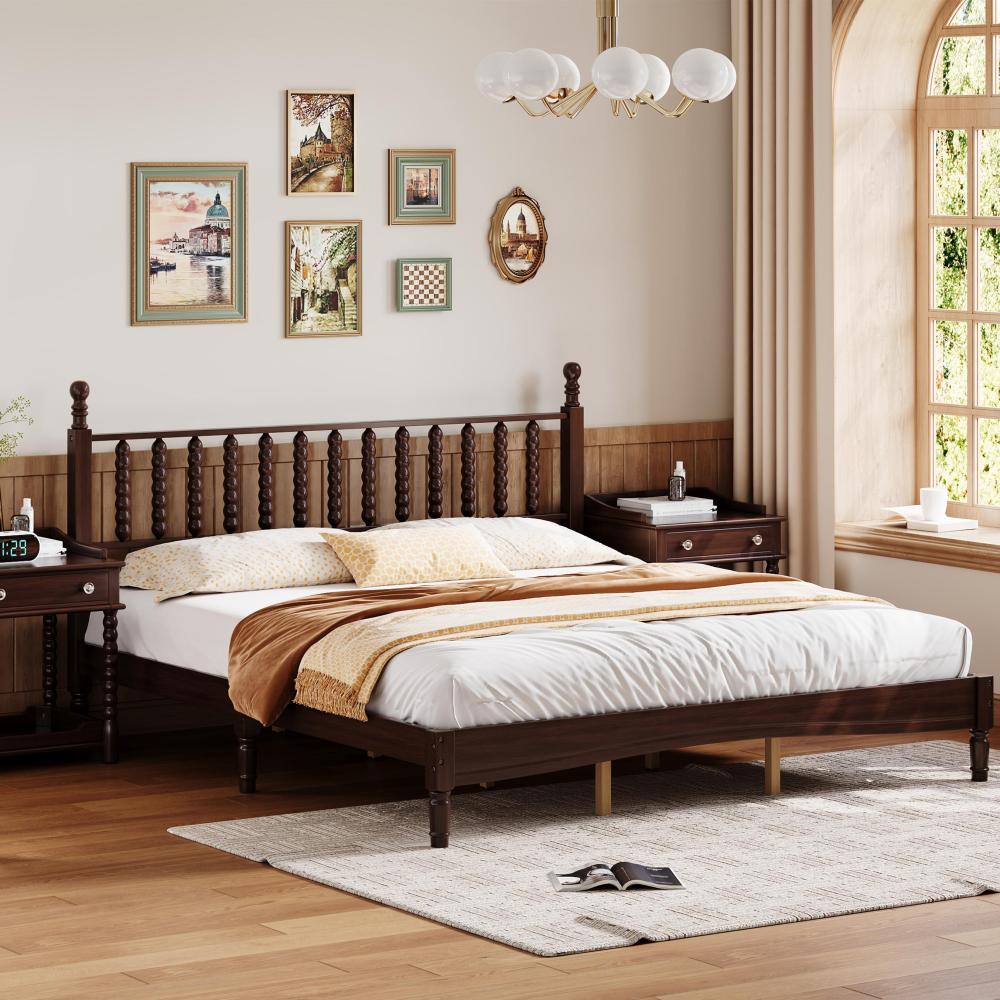 84.6"L x 79.2"W x 45"H King Size Wood Platform Bed with Gourd Shaped Headboard, Walnut