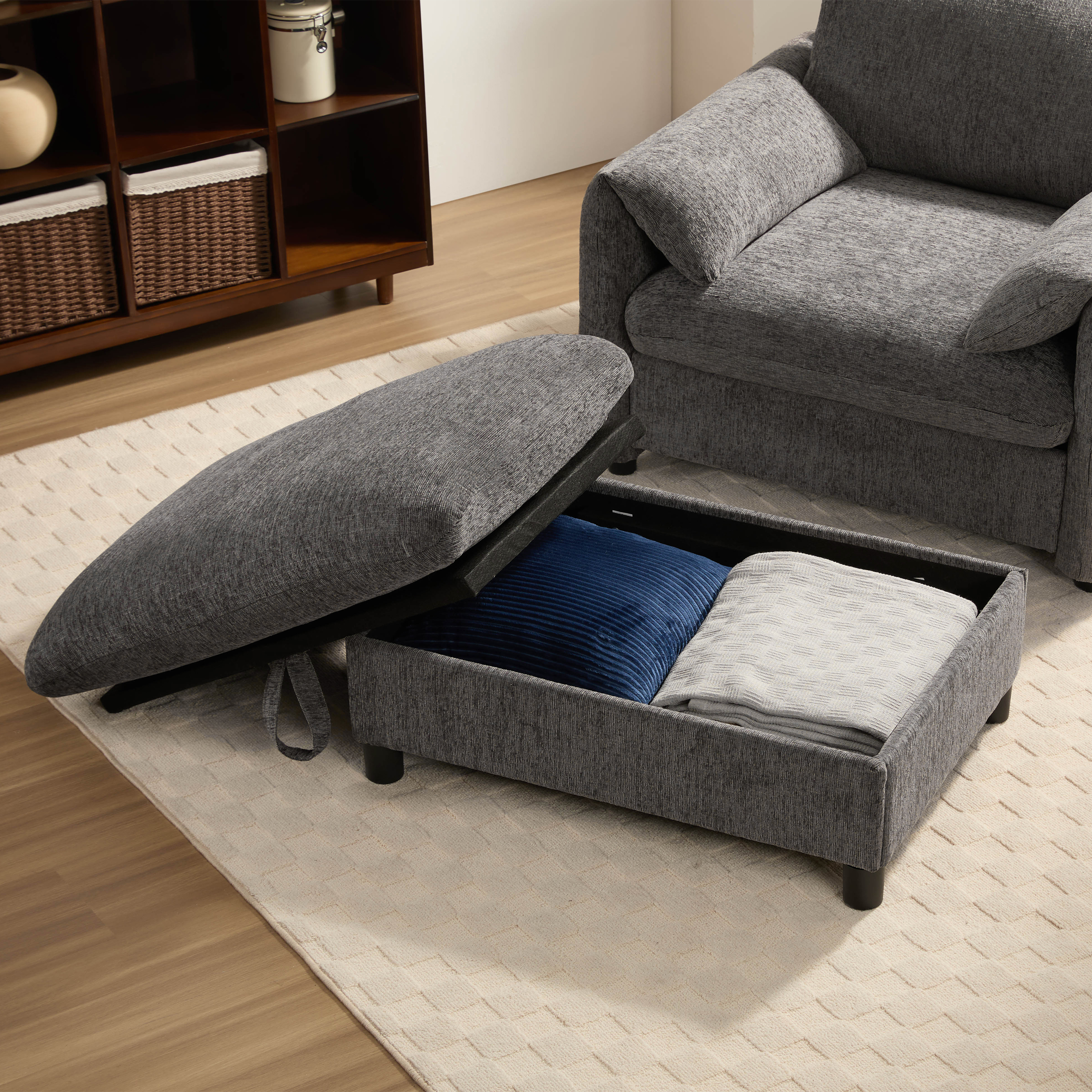 38" Single Sofa with Storage Ottoman, Adjustable Phone Holder, USB Charger, Side Storage Pockets, Pillow-Like Armrests, Wide Seat Chaise Lounge, Gray