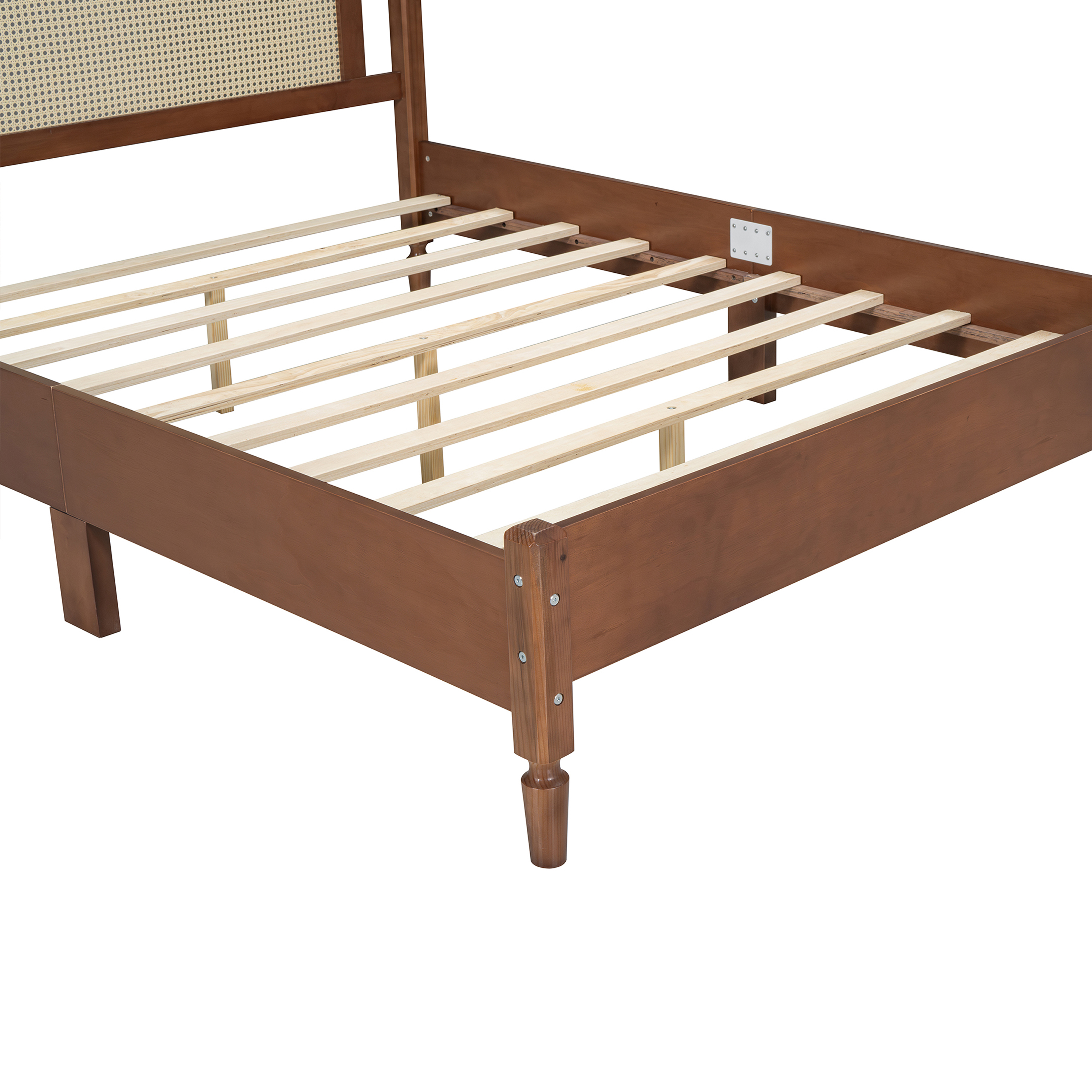 80"L x  62.8"W x 42.9"H Queen Size Wooden Platform Bed with Natural Rattan Headboard, Walnut