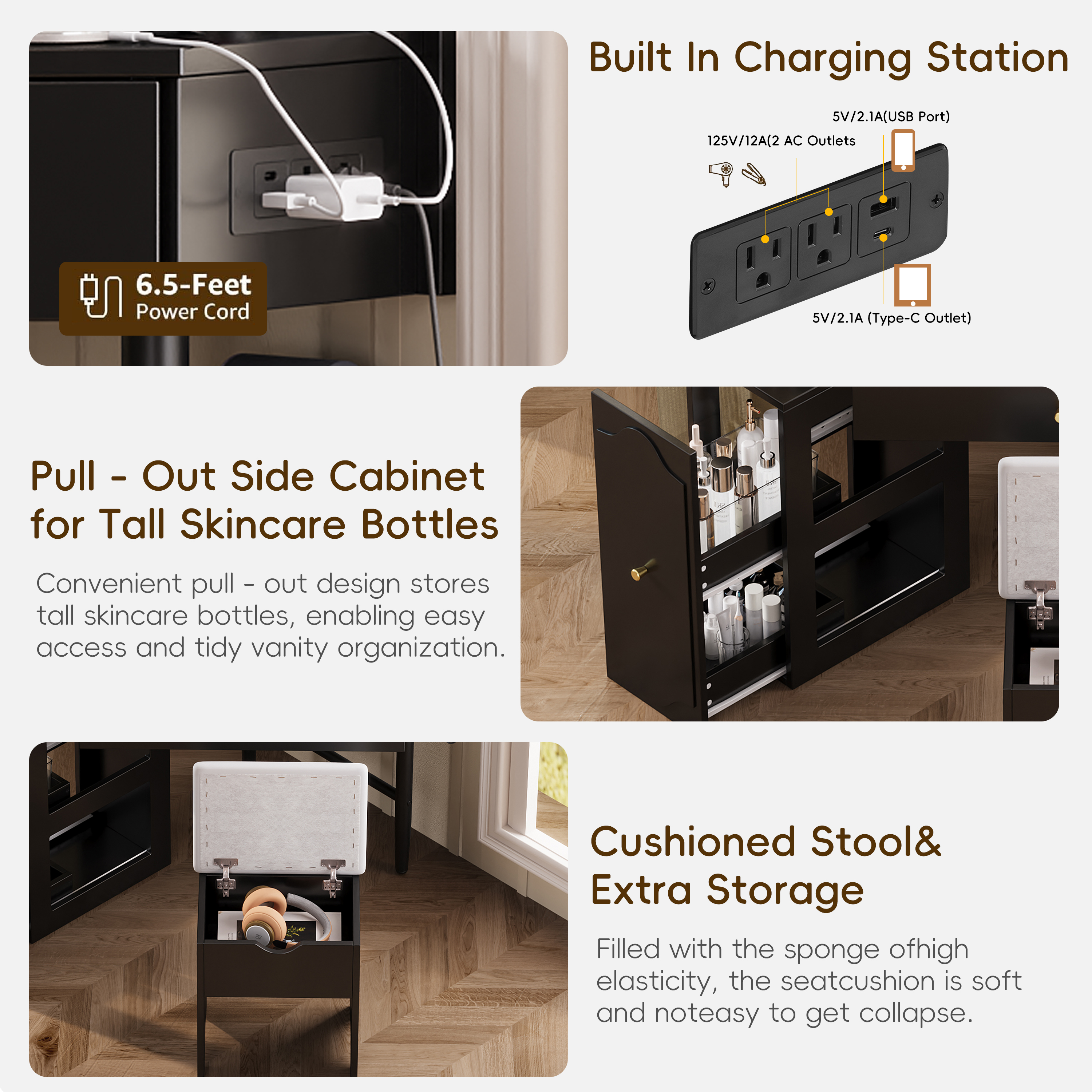 Corner Vanity Desk Set with Storage Cushioned Stool and Charging Station, Removable Pull-Out Side Cabinet, Drawer and Shelf, Black