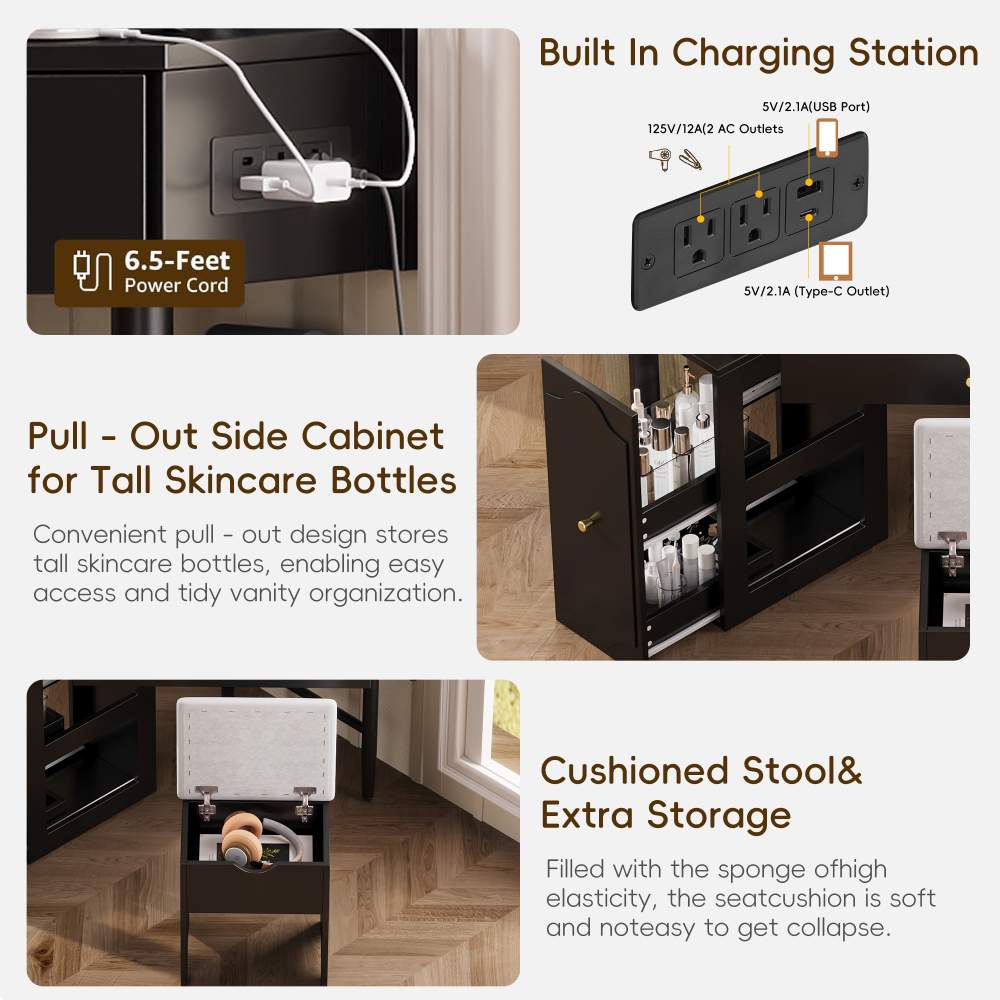 Corner Vanity Desk Set with Storage Cushioned Stool and Charging Station, Removable Pull-Out Side Cabinet, Drawer and Shelf, Black