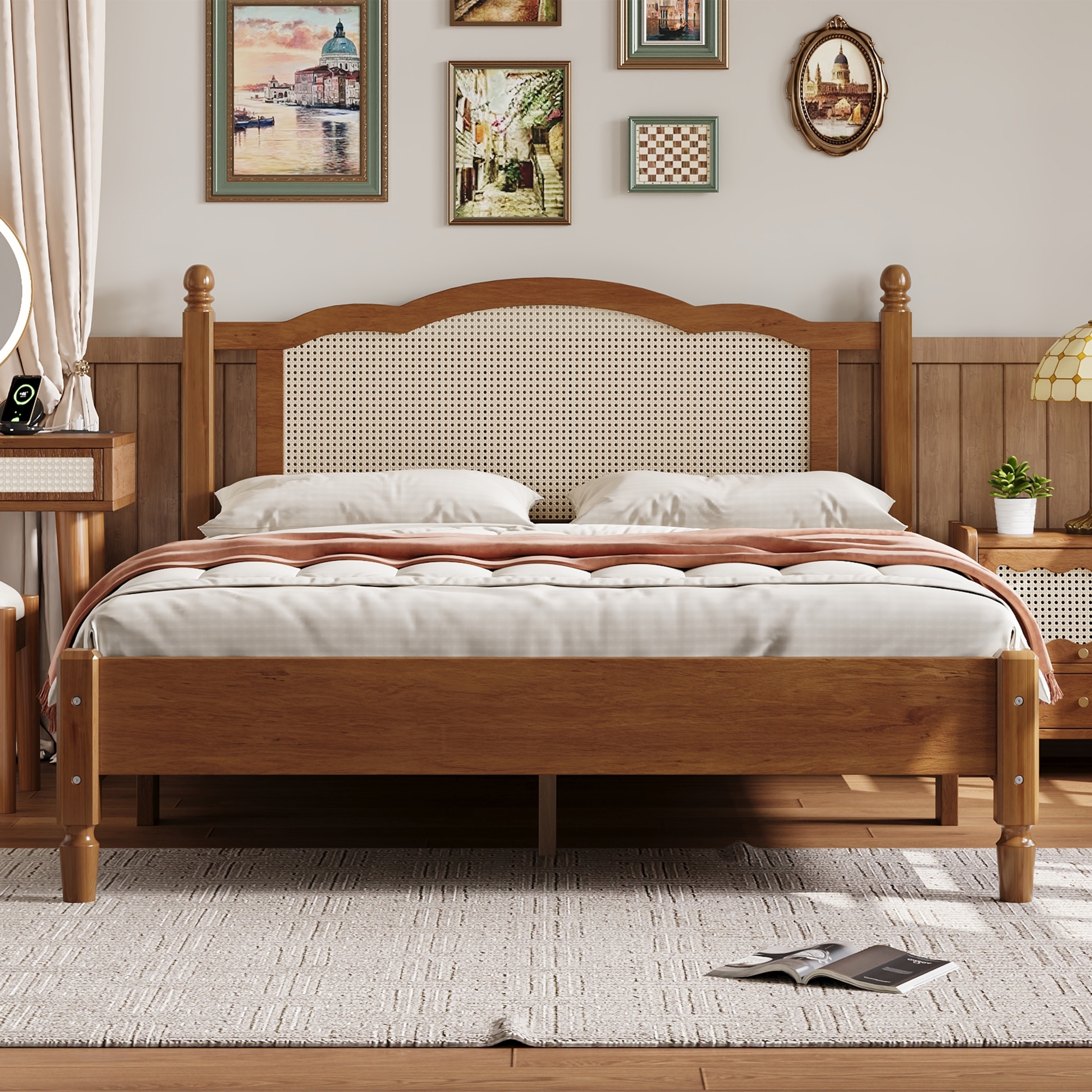 80"L x  62.8"W x 42.9"H Queen Size Wooden Platform Bed with Natural Rattan Headboard, Walnut
