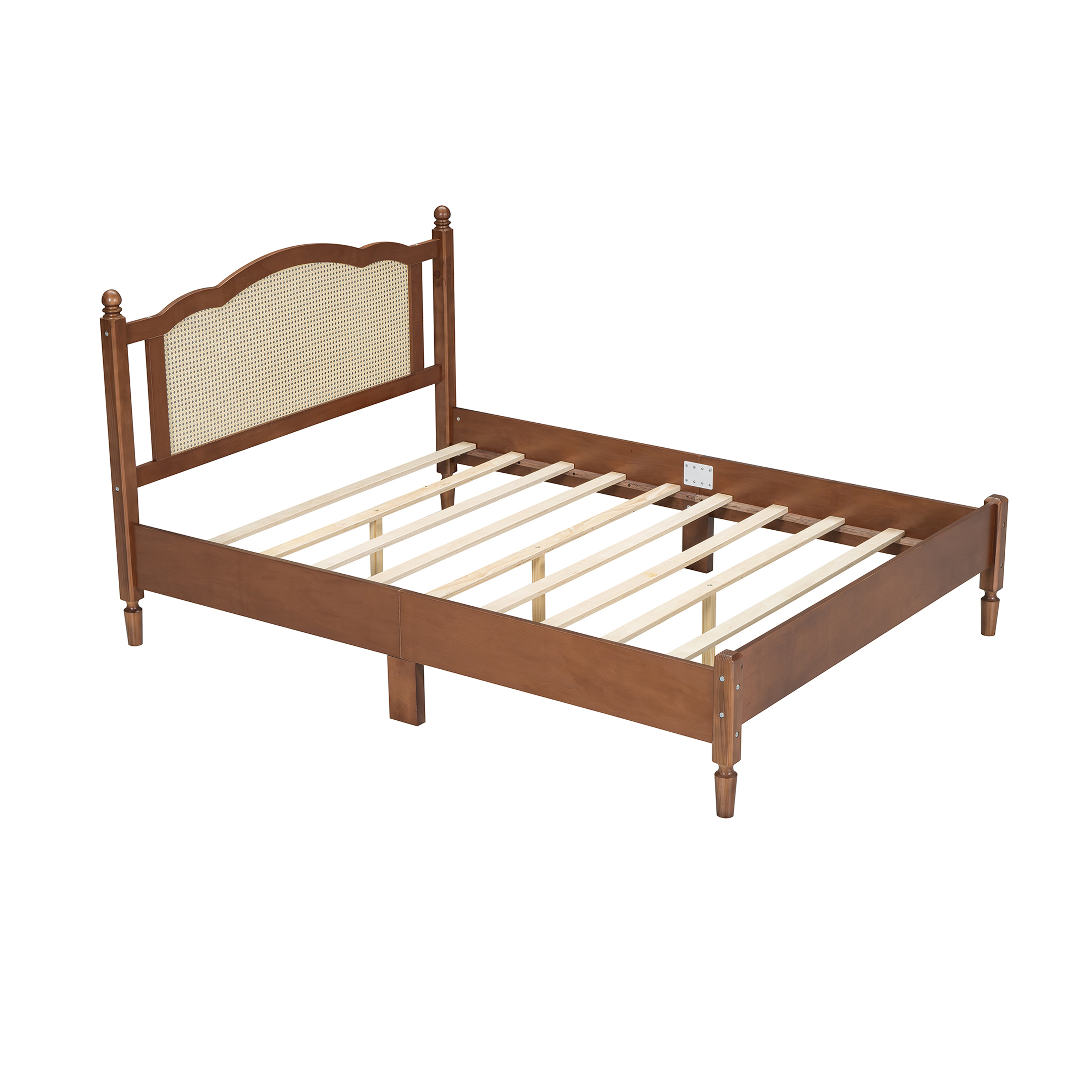 80"L x  62.8"W x 42.9"H Queen Size Wooden Platform Bed with Natural Rattan Headboard, Walnut