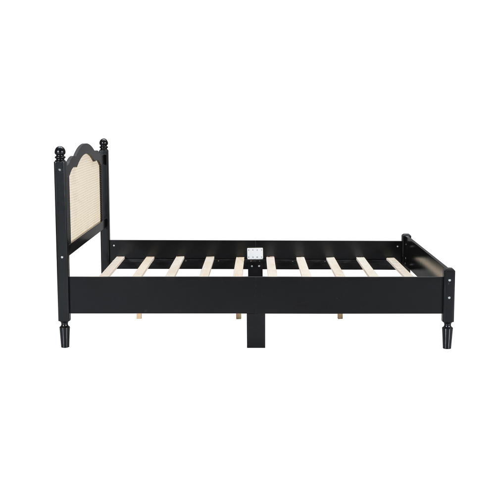 80"L x  62.8"W x 42.9"H Queen Size Wooden Platform Bed with Natural Rattan Headboard, Black