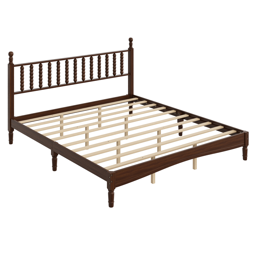 84.6"L x 79.2"W x 45"H King Size Wood Platform Bed with Gourd Shaped Headboard, Walnut