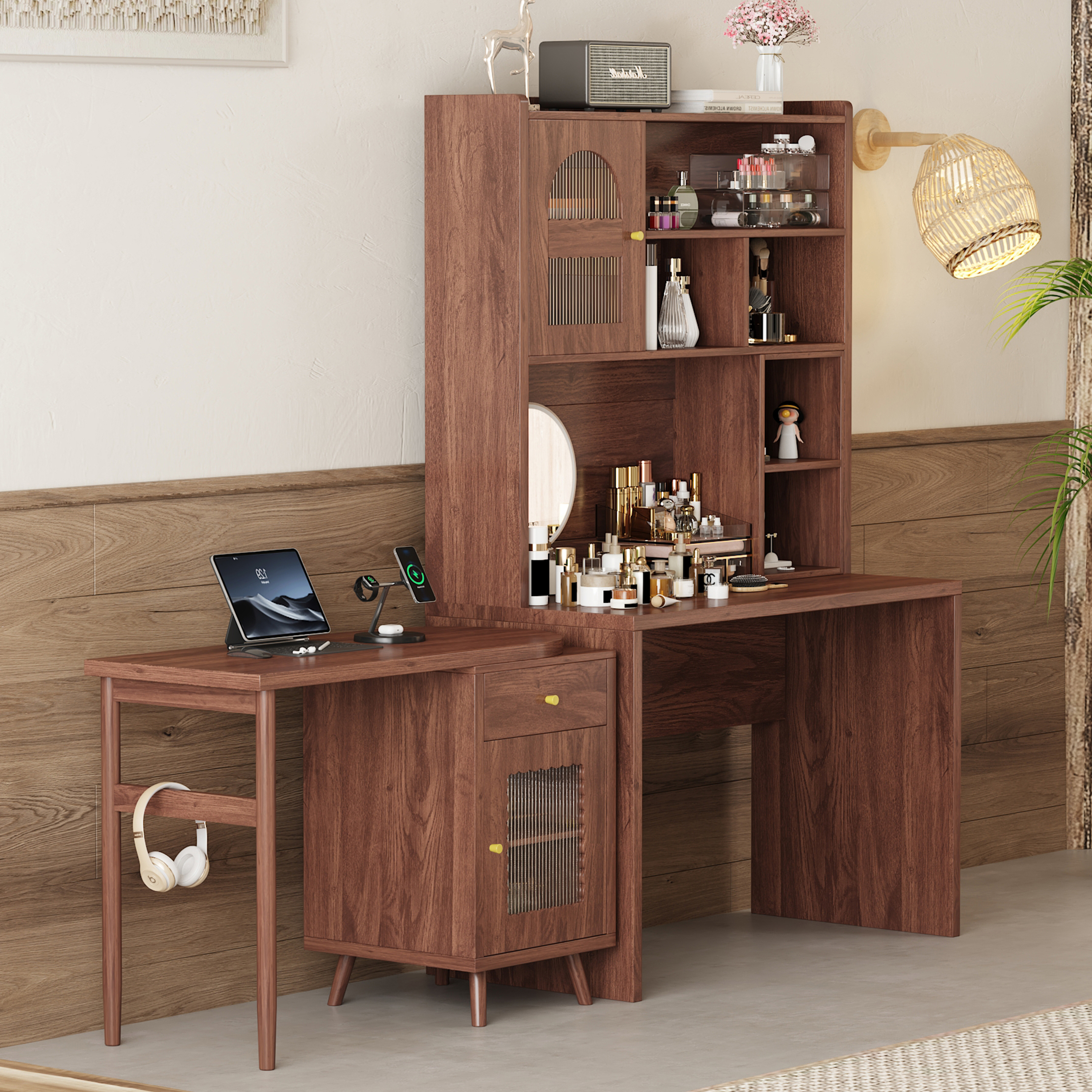 43.1"L x 21.6"W x 70.1"H Office Desk with 90 Degree Rotating Computer Desktop, Drawer and Cabinets, Shelves, Walnut