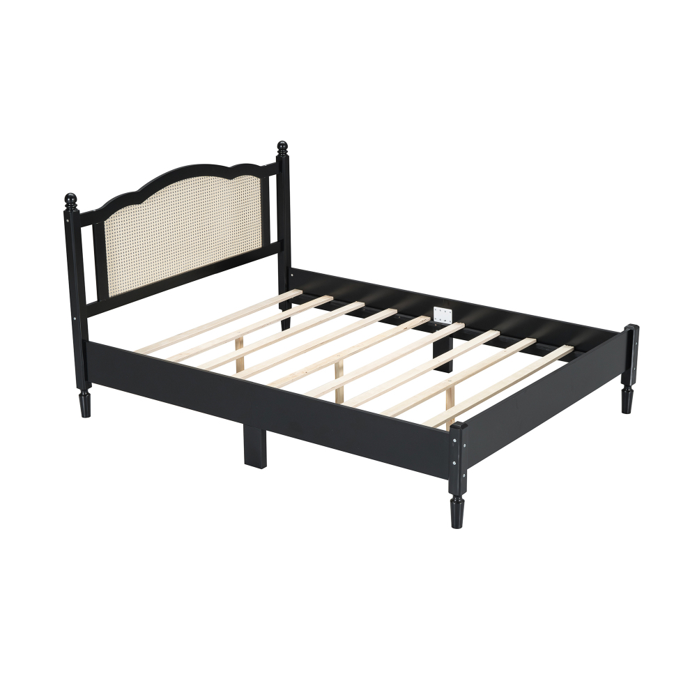 80"L x  62.8"W x 42.9"H Queen Size Wooden Platform Bed with Natural Rattan Headboard, Black