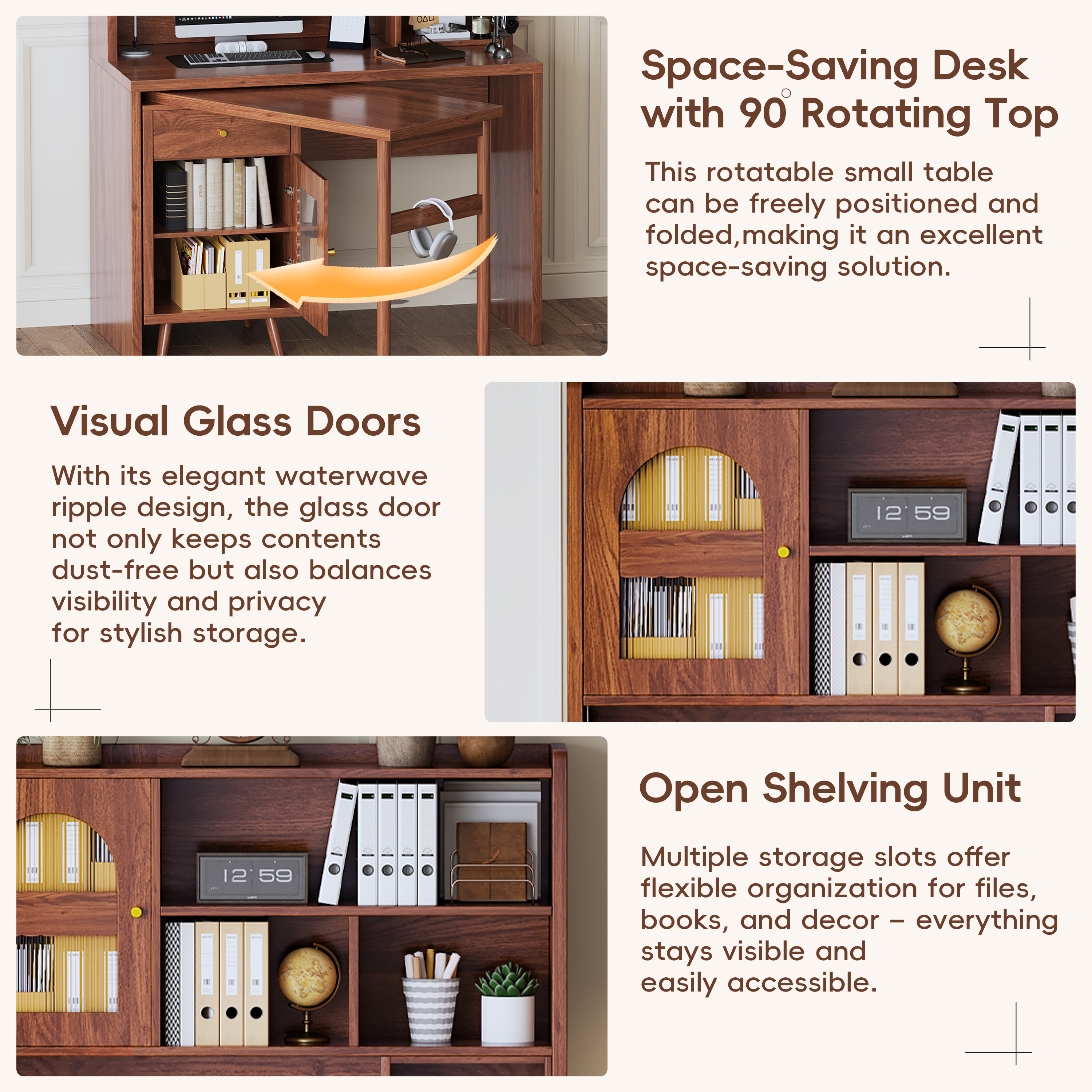 43.1"L x 21.6"W x 70.1"H Office Desk with 90 Degree Rotating Computer Desktop, Drawer and Cabinets, Shelves, Walnut